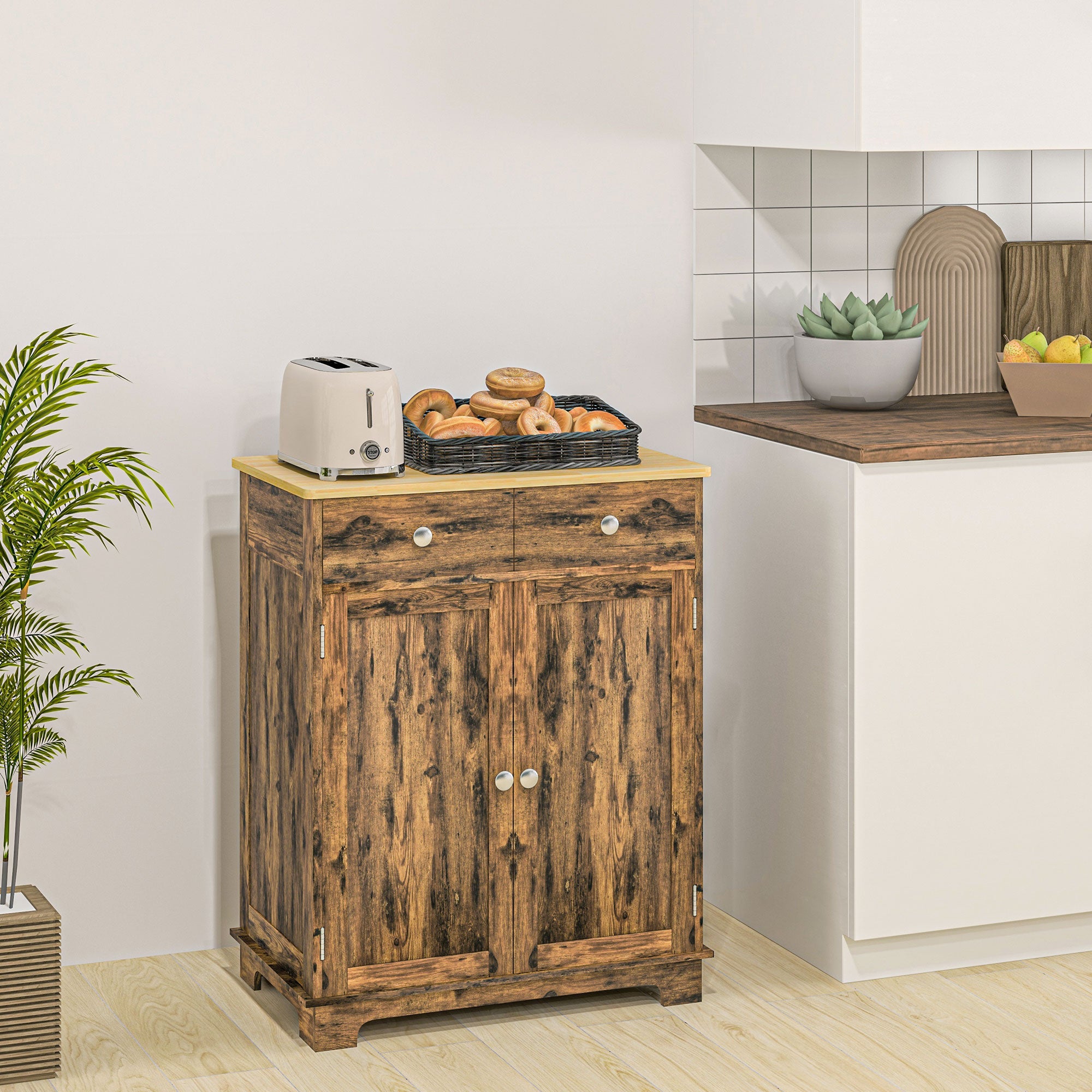 Kitchen Storage Cabinet Sideboard Floor Cupboard with Solid Wood Top Adjustable Shelf 2 Drawers Brown