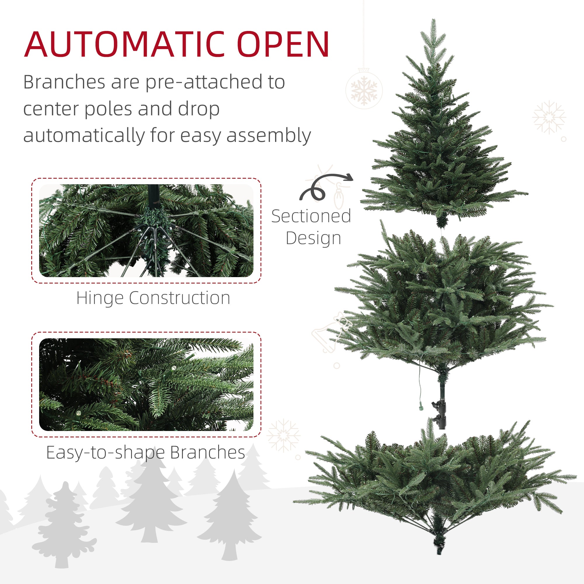6ft Prelit Christmas Tree with 1022 Tips, Warm White LED Lights and Metal Base, Hinged Artificial Xmas Tree, Automatic Open, Green