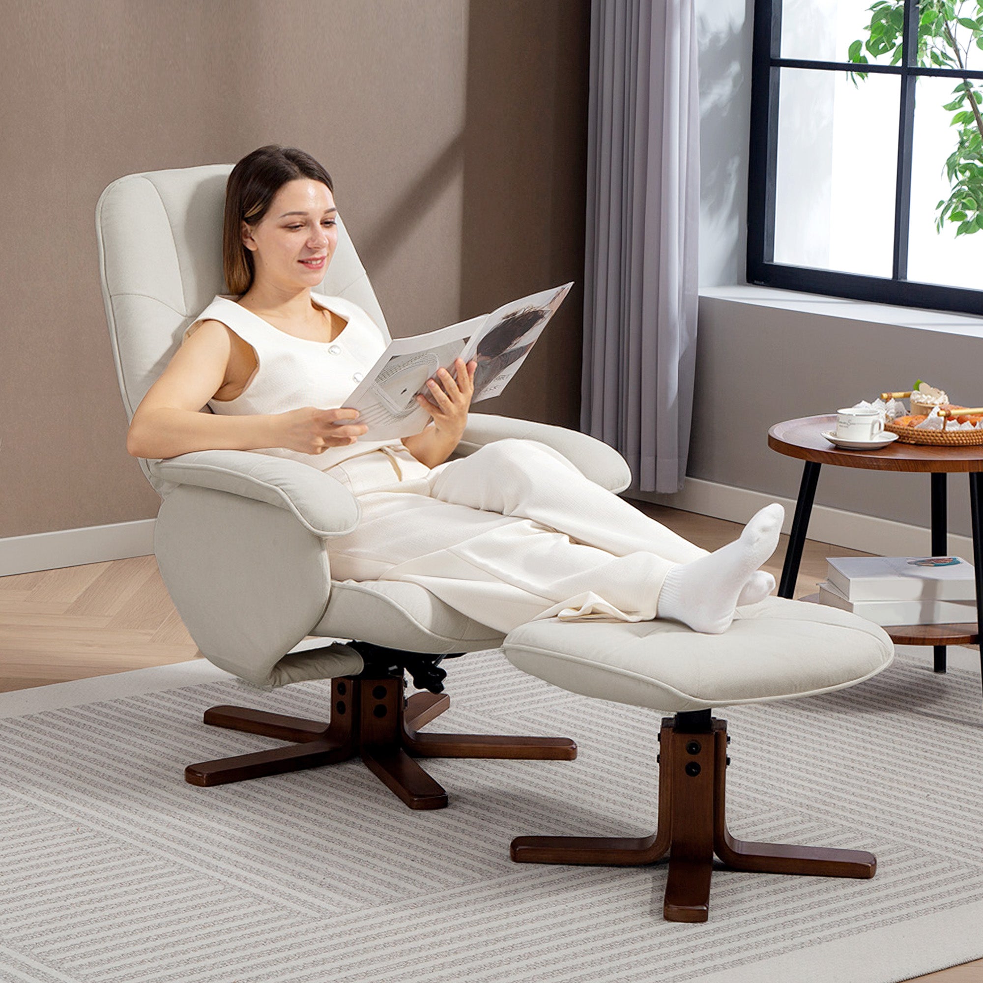 Linen Swivel Recliner Chair with Footstool, Upholstered Reclining Armchair with Wooden Base for Living Room, Beige