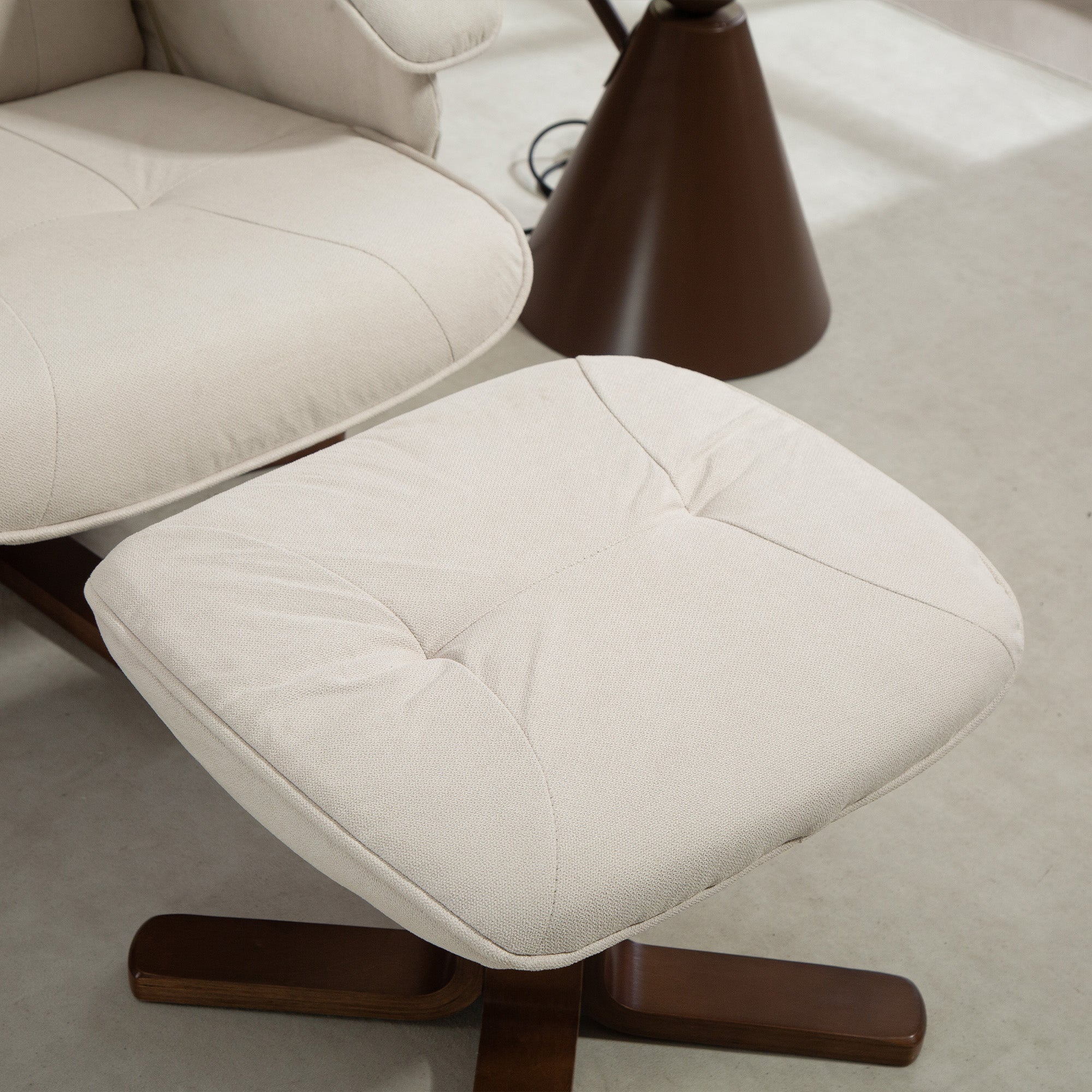 Linen Swivel Recliner Chair with Footstool, Upholstered Reclining Armchair with Wooden Base for Living Room, Beige