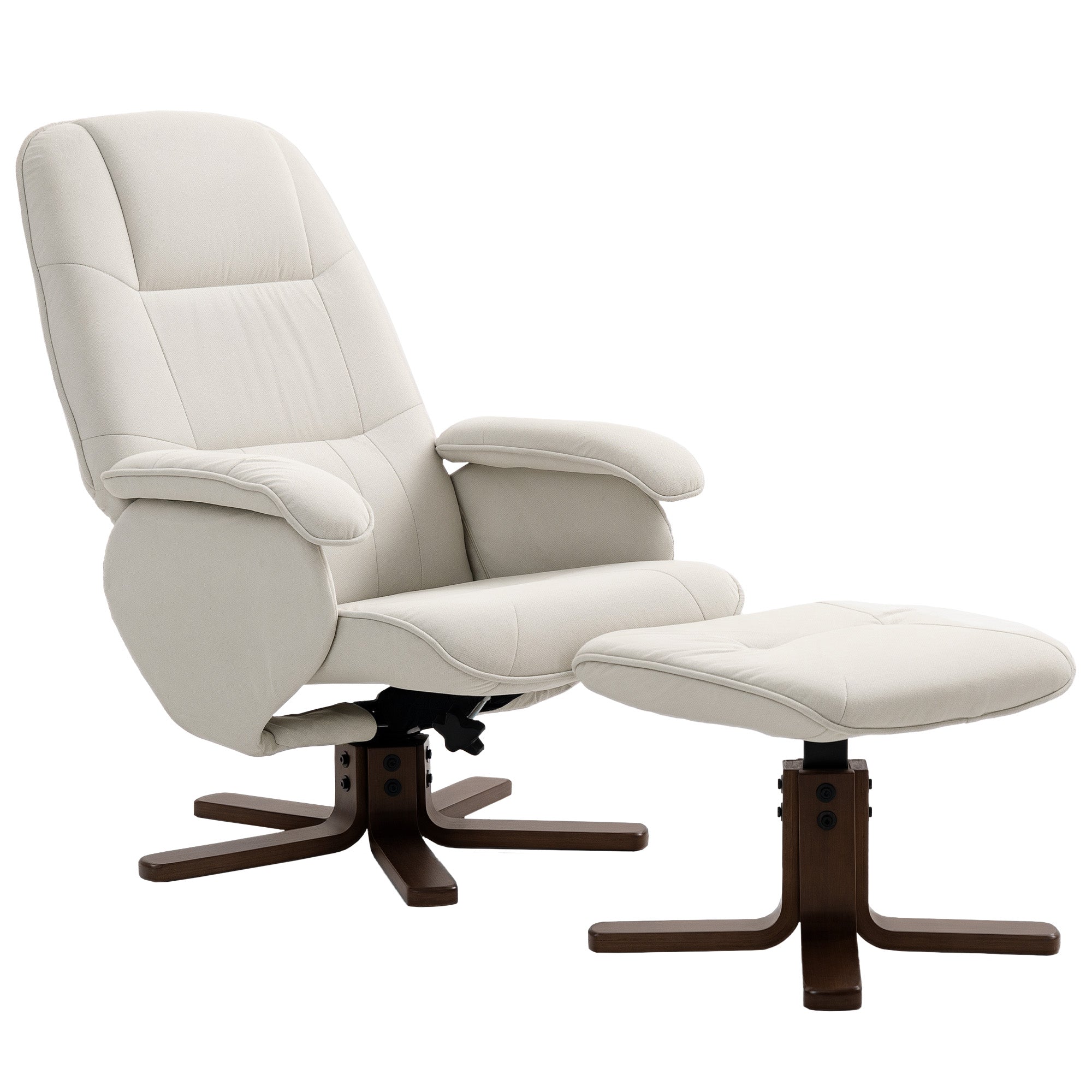 Linen Swivel Recliner Chair with Footstool, Upholstered Reclining Armchair with Wooden Base for Living Room, Beige