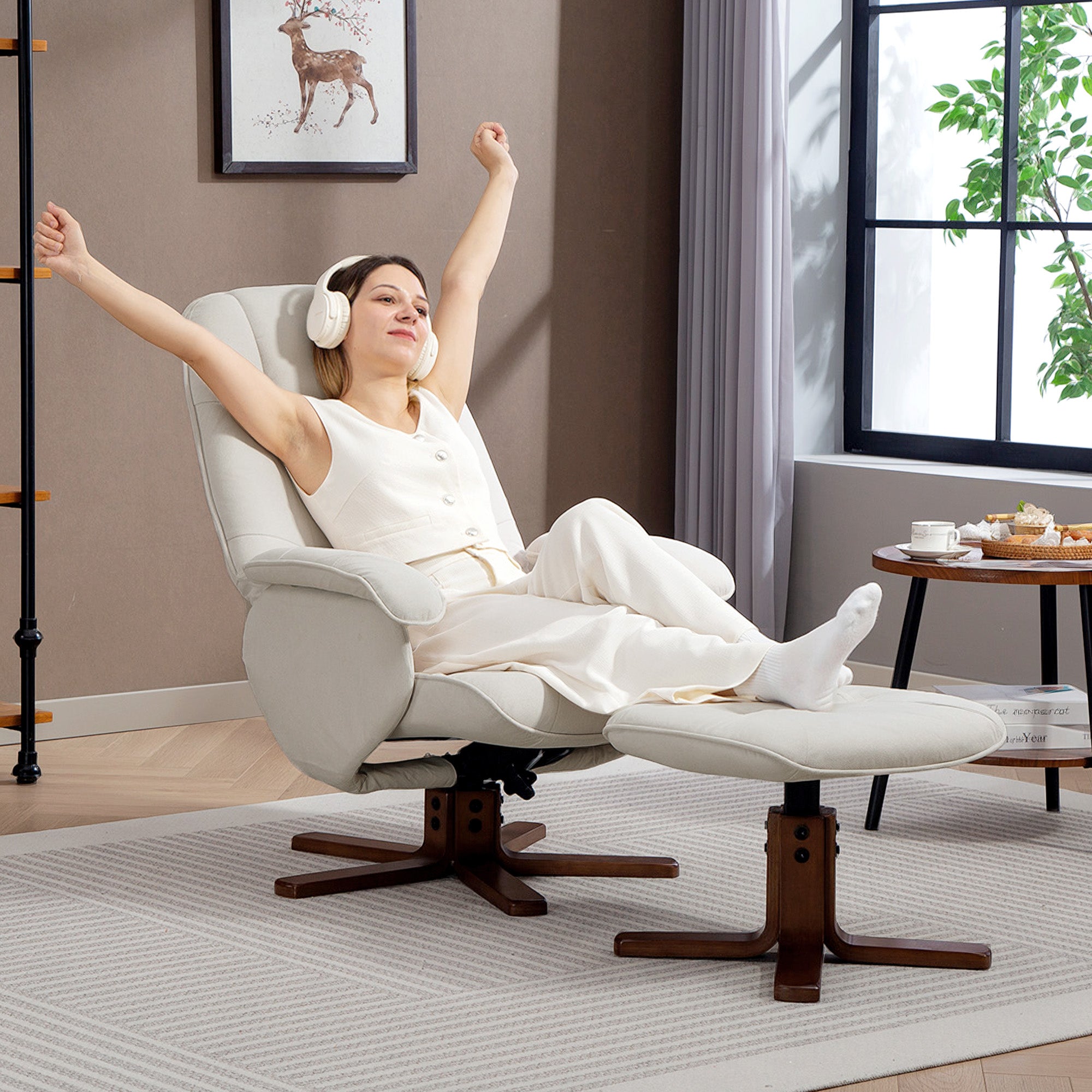 Linen Swivel Recliner Chair with Footstool, Upholstered Reclining Armchair with Wooden Base for Living Room, Beige