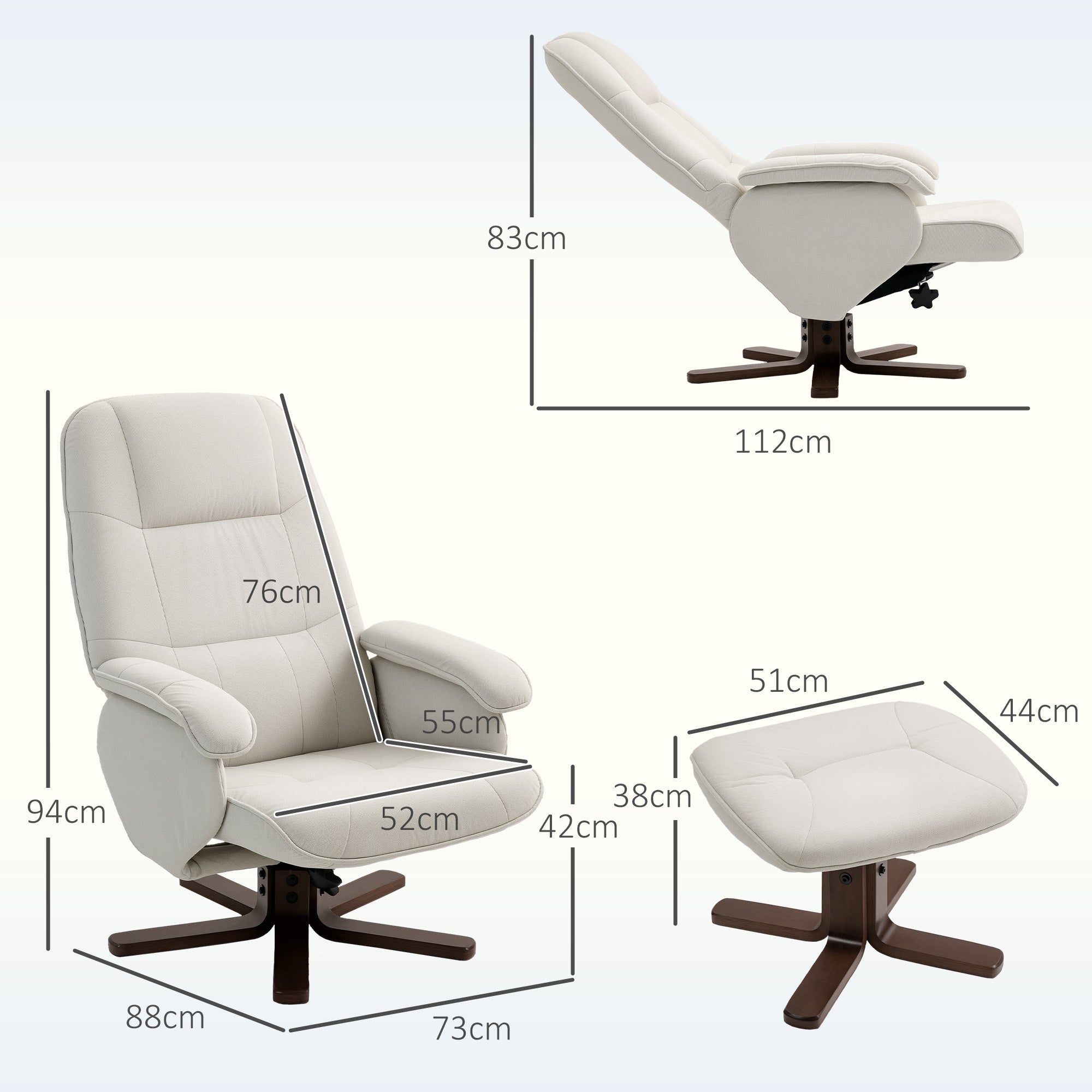 Linen Swivel Recliner Chair with Footstool, Upholstered Reclining Armchair with Wooden Base for Living Room, Beige