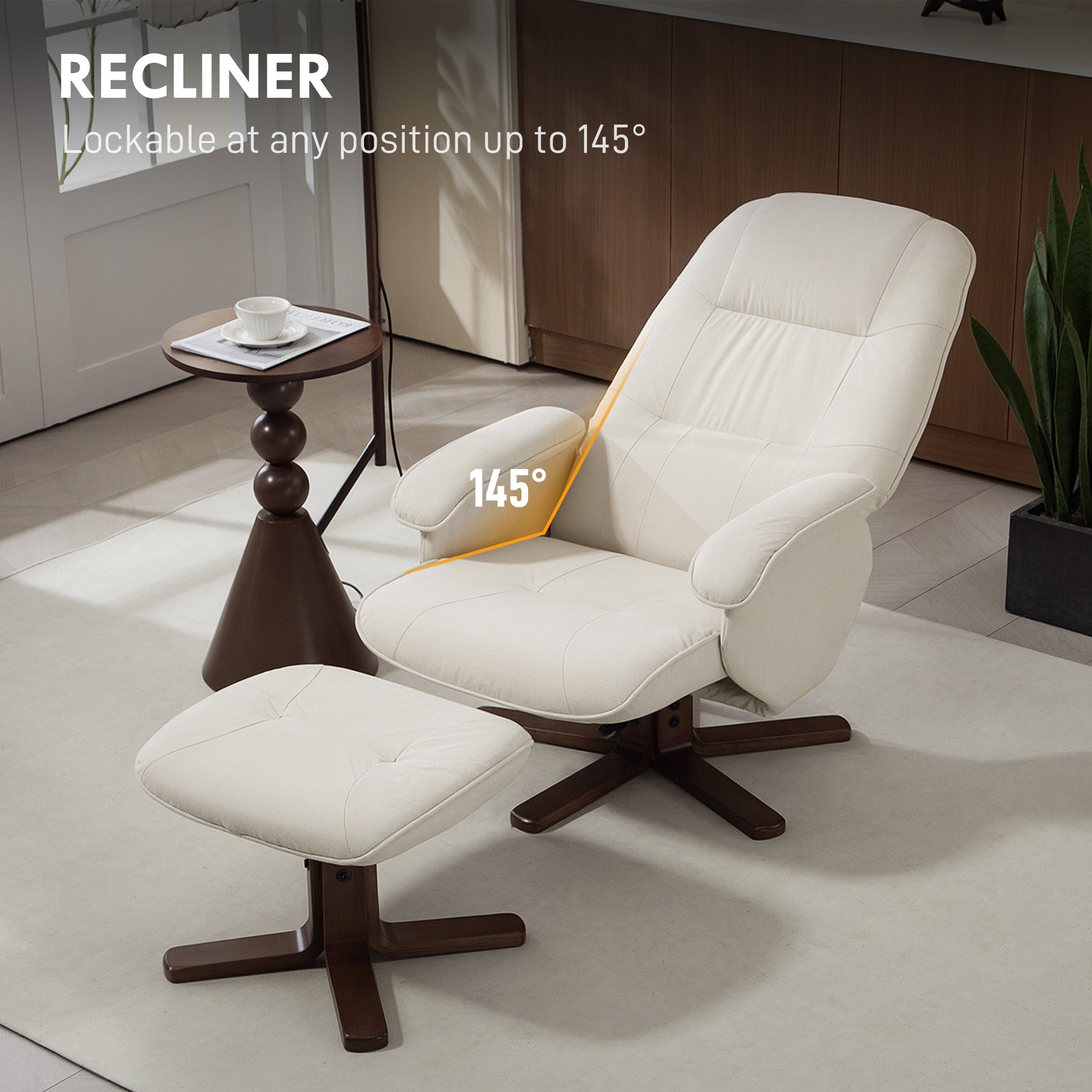 Linen Swivel Recliner Chair with Footstool, Upholstered Reclining Armchair with Wooden Base for Living Room, Beige