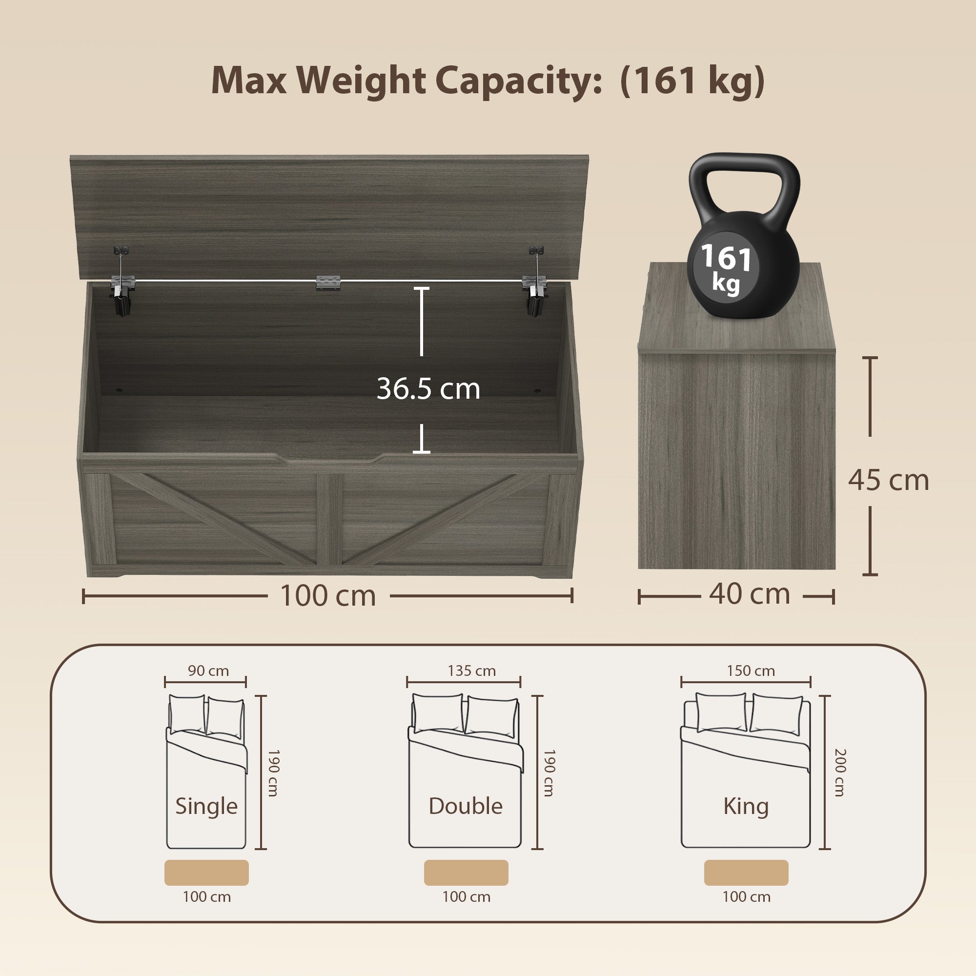 127L Storage Chest, Shoe Storage Trunk Bench Box with 2 Safety Hinges and U-shaped Cut-out Pull, Blanket Box Ottoman for Bedroom, Living Room, Entryway, 100 x 40 x 45 cm, Dark Grey Wood-Effect