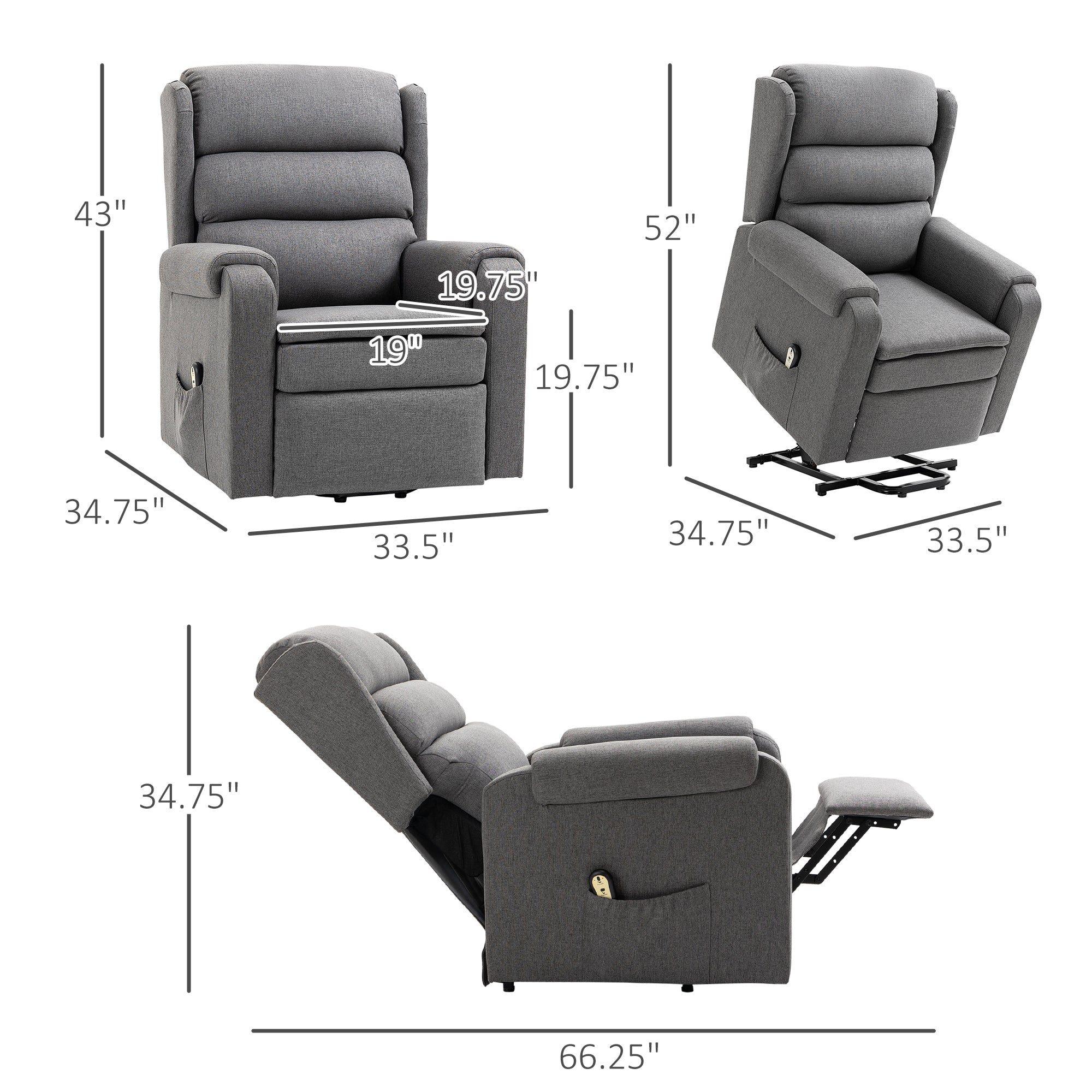 HOMCOM Power Lift Recliner Chair for Elderly, Fabric Electric Stand-Up Sofa, Heavy-Duty Reclining Chair with Pockets for Living Room, Dark Grey