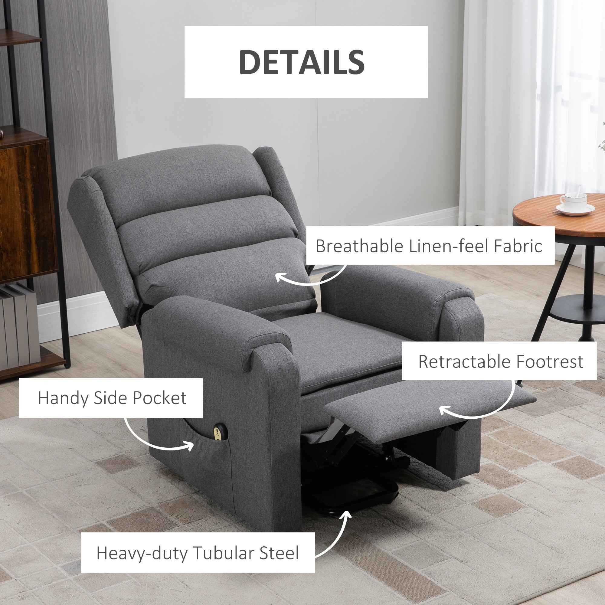 HOMCOM Power Lift Recliner Chair for Elderly, Fabric Electric Stand-Up Sofa, Heavy-Duty Reclining Chair with Pockets for Living Room, Dark Grey