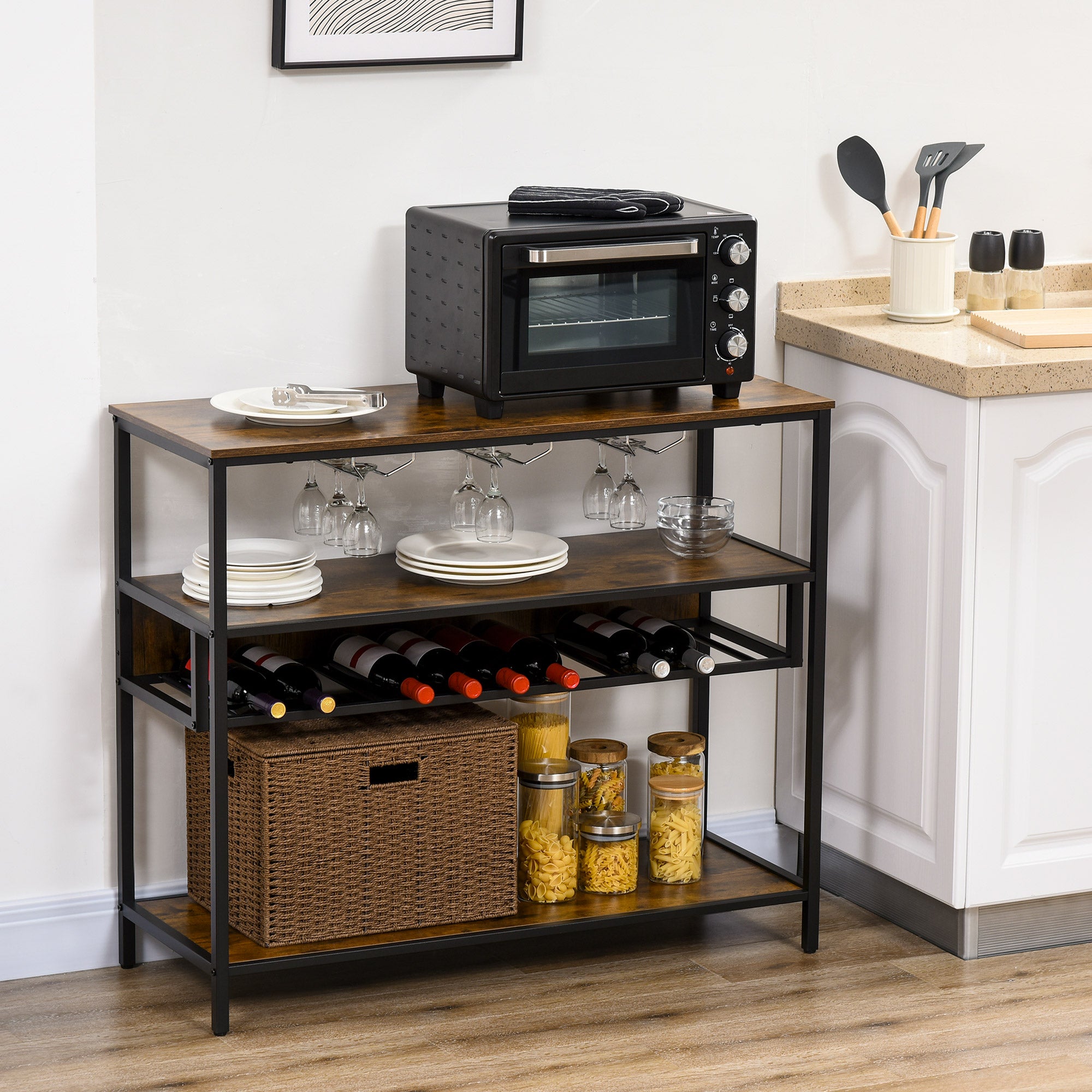 Rolling Kitchen Island Cart with Adjustable Shelf Rustic Brown