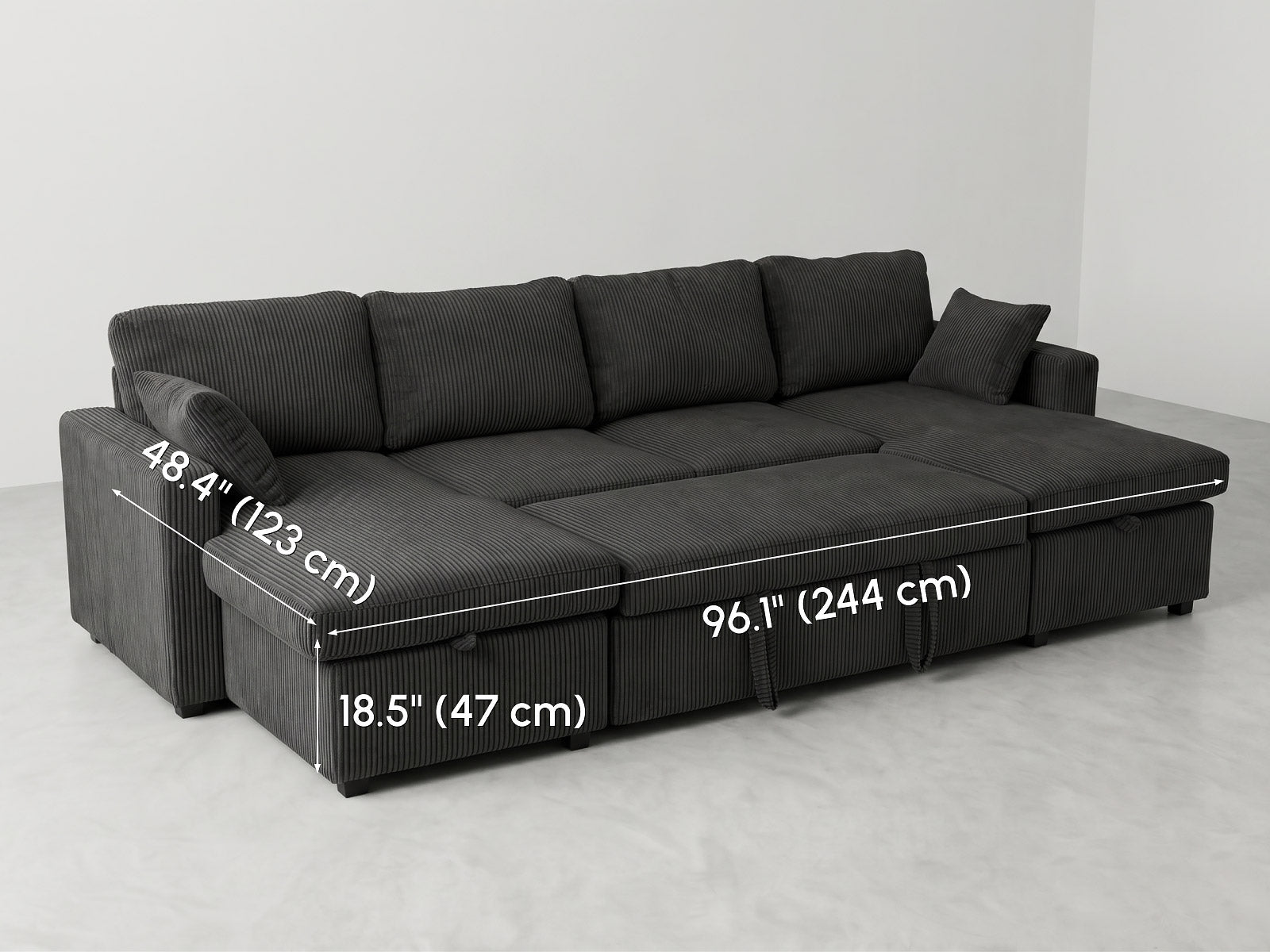 FlexLiving 111" U-Shaped Dual-Storage Sleeper Sectional, Charcoal Grey