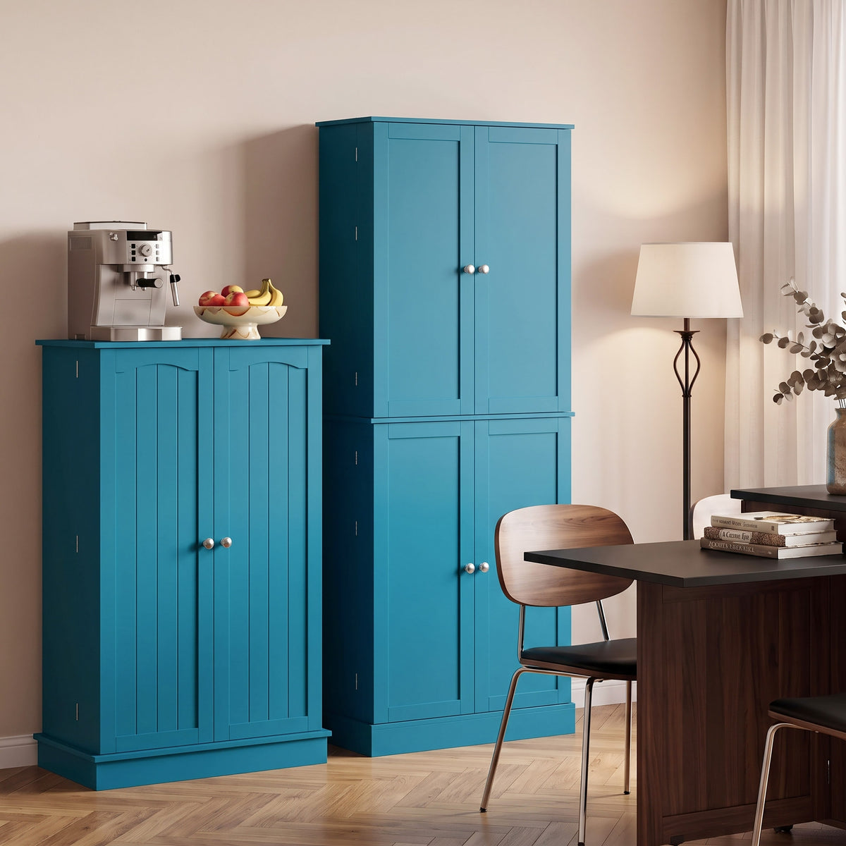 Order Pantry 2-Piece Cabinet Set with 41" and 65" Kitchen Storage Cabinets，Blue
