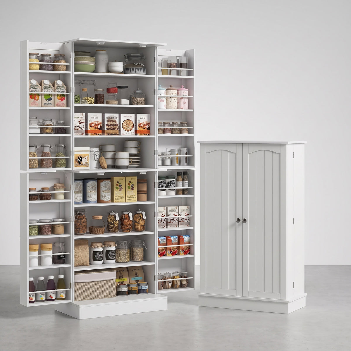 Order Pantry 2-Piece Cabinet Set with 41" and 65" Kitchen Storage Cabinets，White