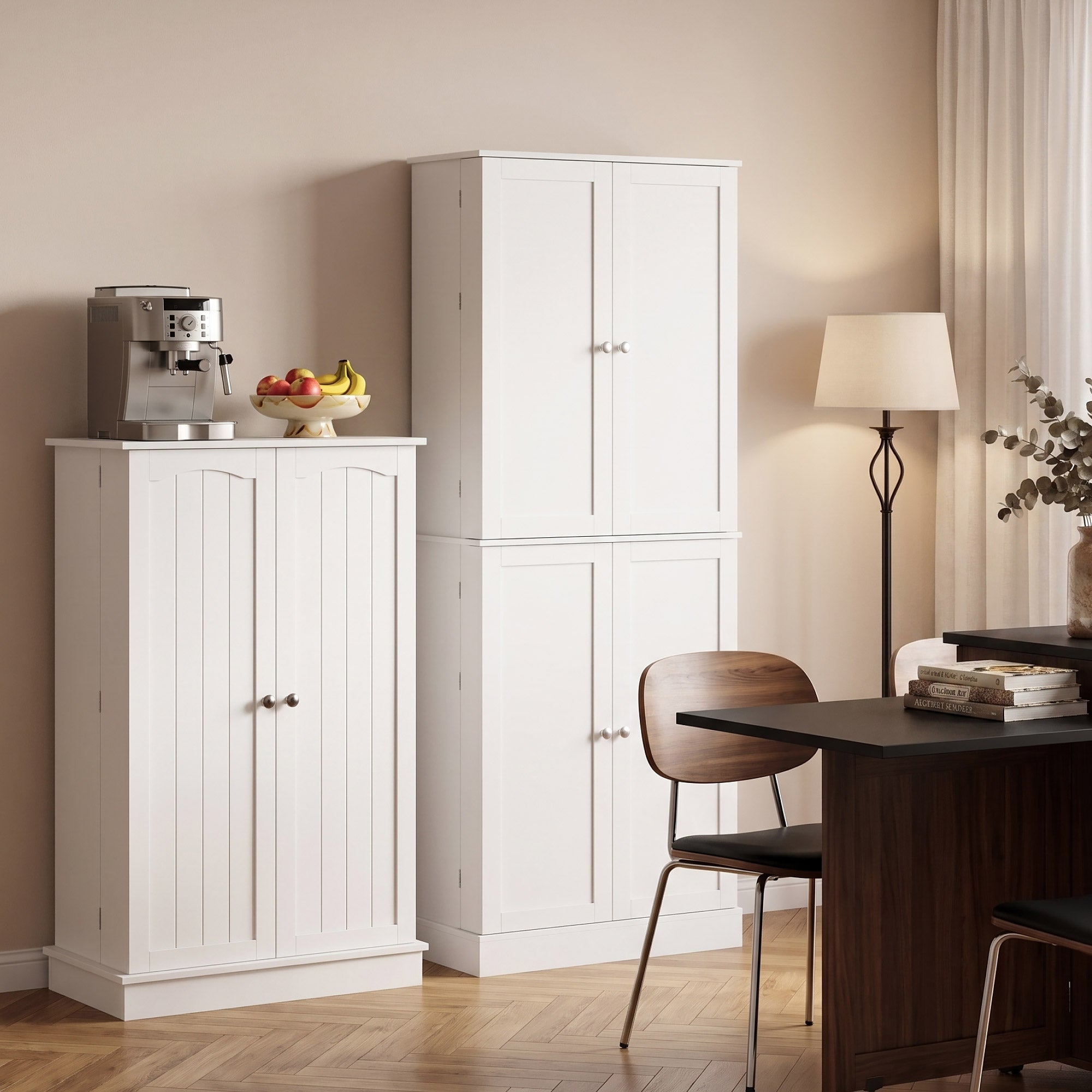 Order Pantry 2-Piece Cabinet Set with 41" and 65" Kitchen Storage Cabinets，White