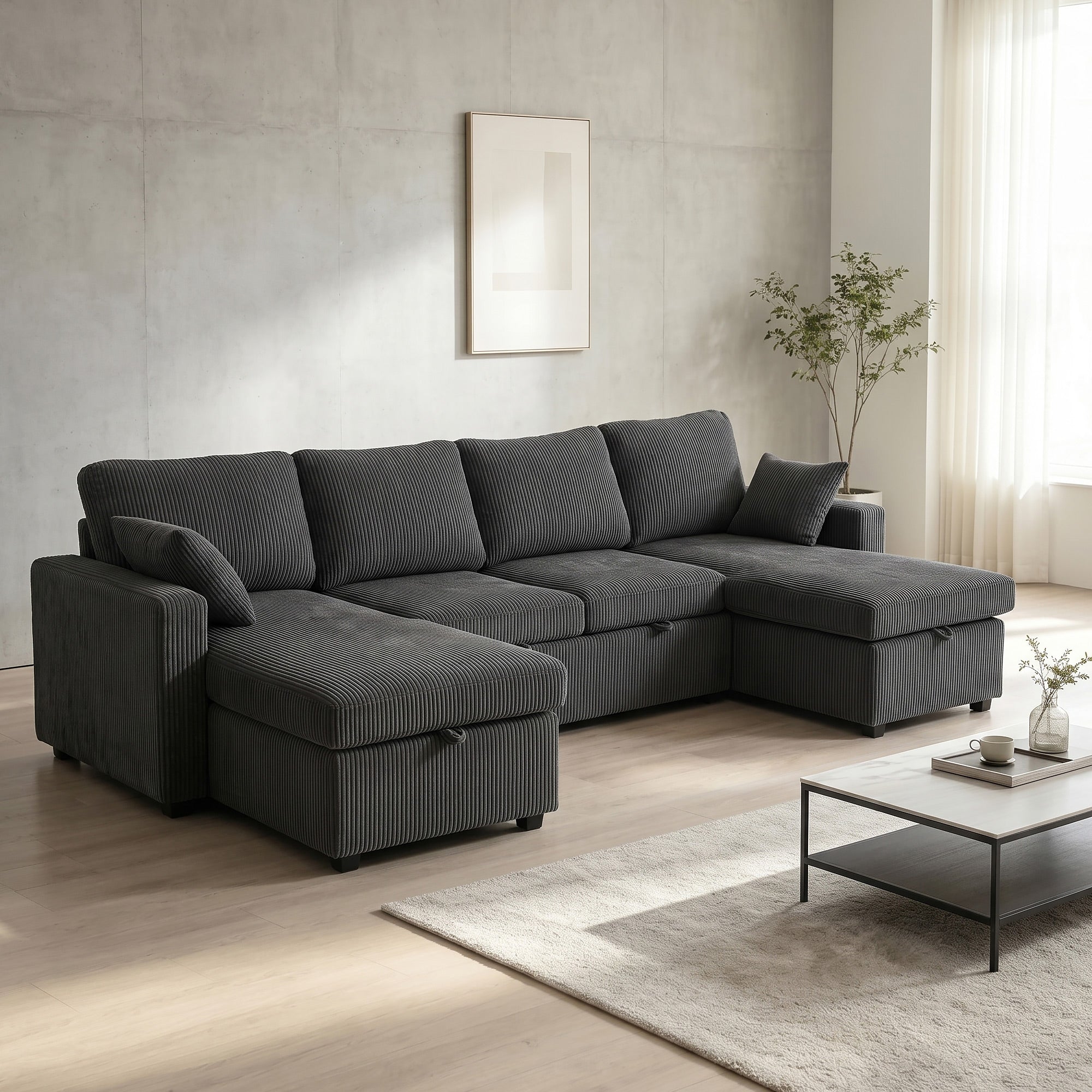 FlexLiving 111" U-Shaped Dual-Storage Sleeper Sectional, Charcoal Grey