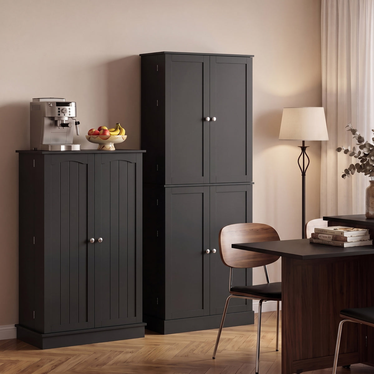 Order Pantry 2-Piece Cabinet Set with 41" and 65" Kitchen Storage Cabinets，Black