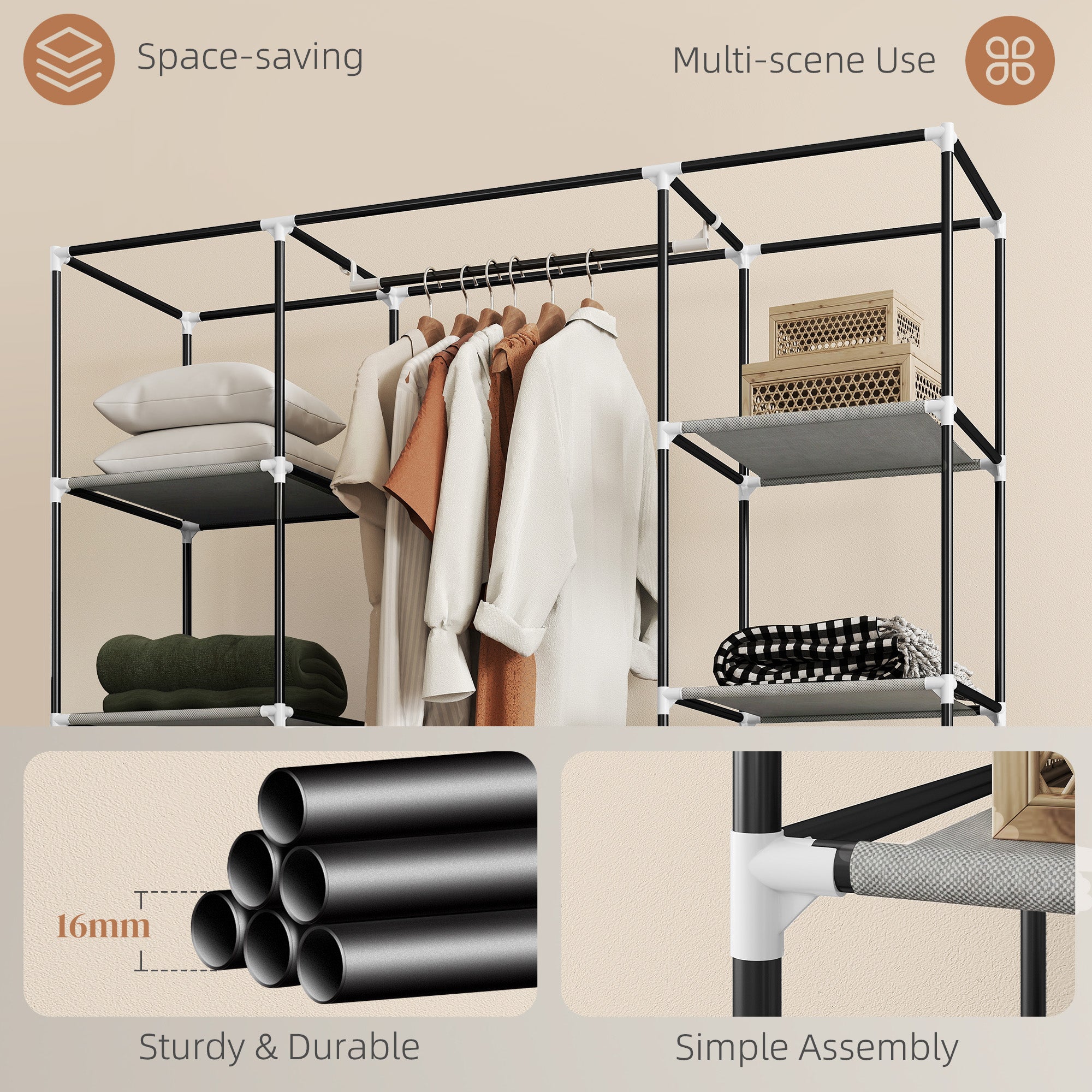 Portable Wardrobe, Foldable Fabric Wardrobe, 150 x 43 x 162.5cm, Clothes Storage Organiser with Hanging Rail, Shelves, Fabric Cover for Bedroom, Light Grey