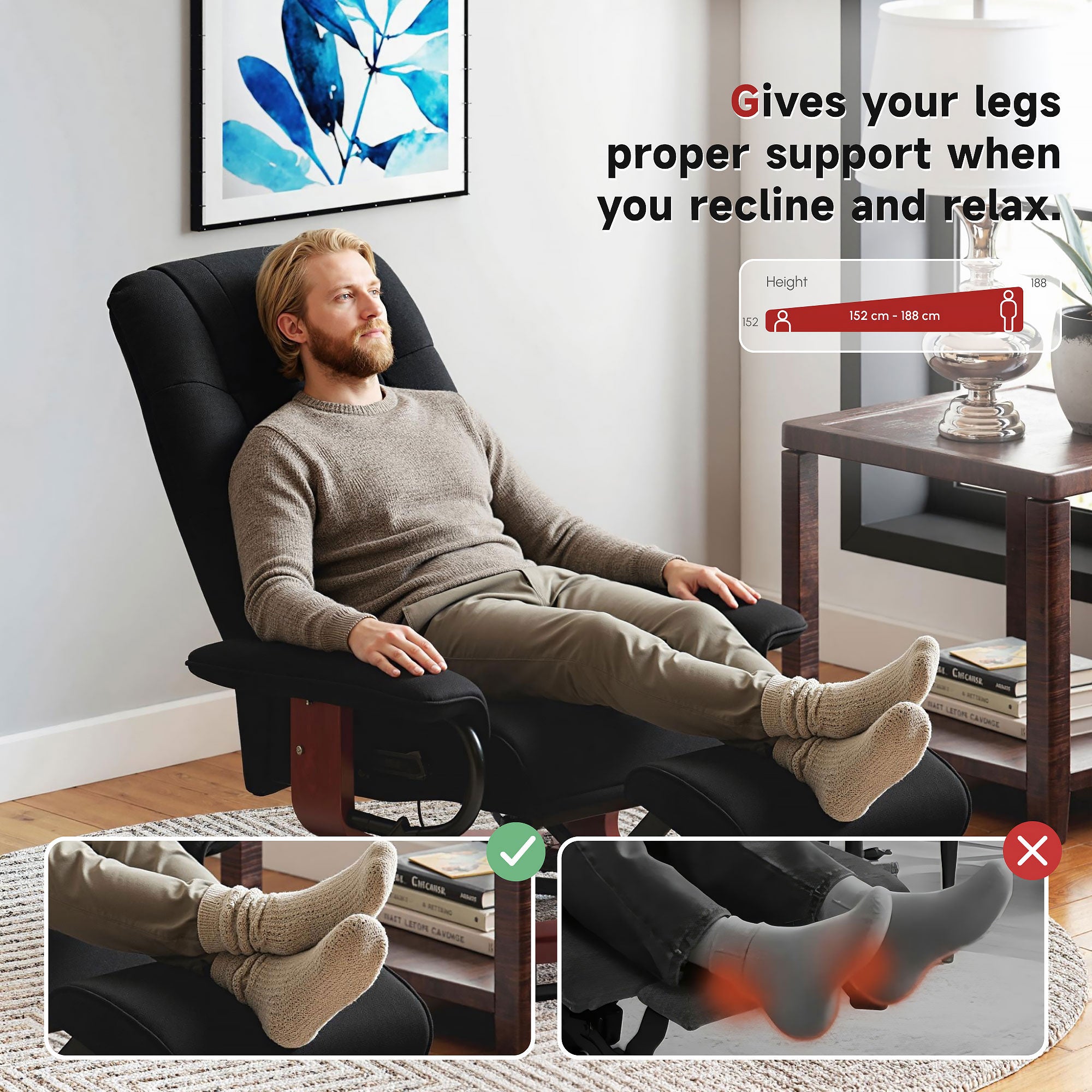 Manual Recliner Chair with Linen-Like Upholstered & Wooden Base for Living Room, Black - HOMCOM