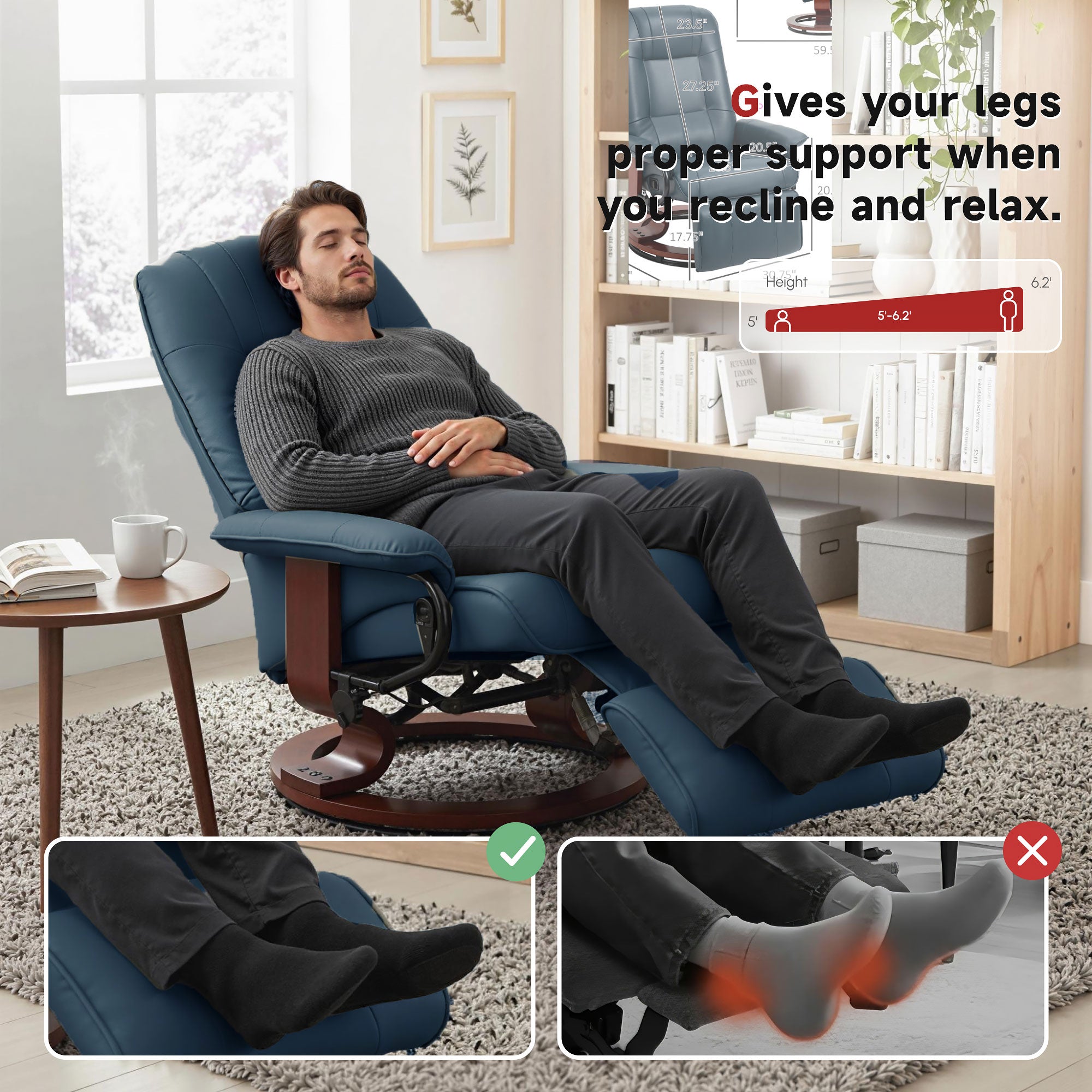 EaseRest Faux Leather Recliner Chair, Swivel Recliner w/ Footrest, Armrest & Wood Base, Blue - HOMCOM