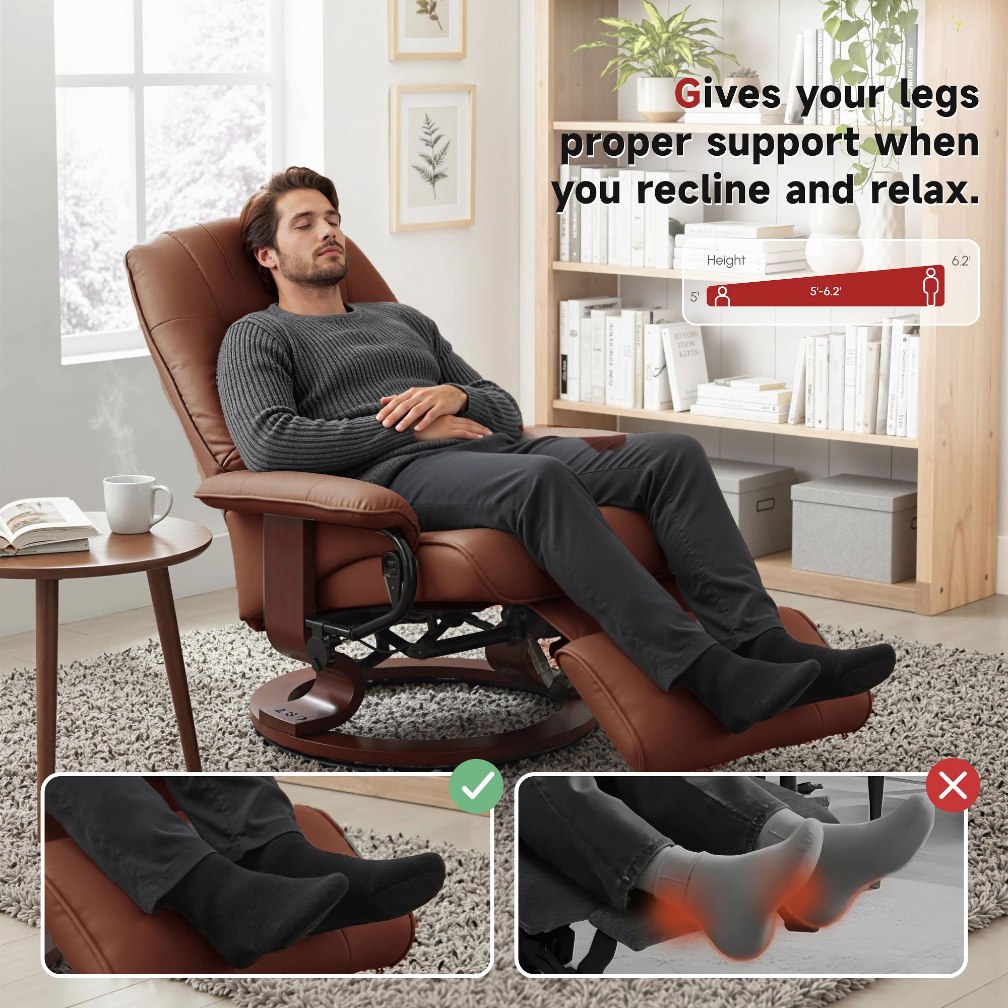 EaseRest Faux Leather Recliner Chair, Swivel Recliner w/ Footrest, Armrest & Wood Base, Brown - HOMCOM