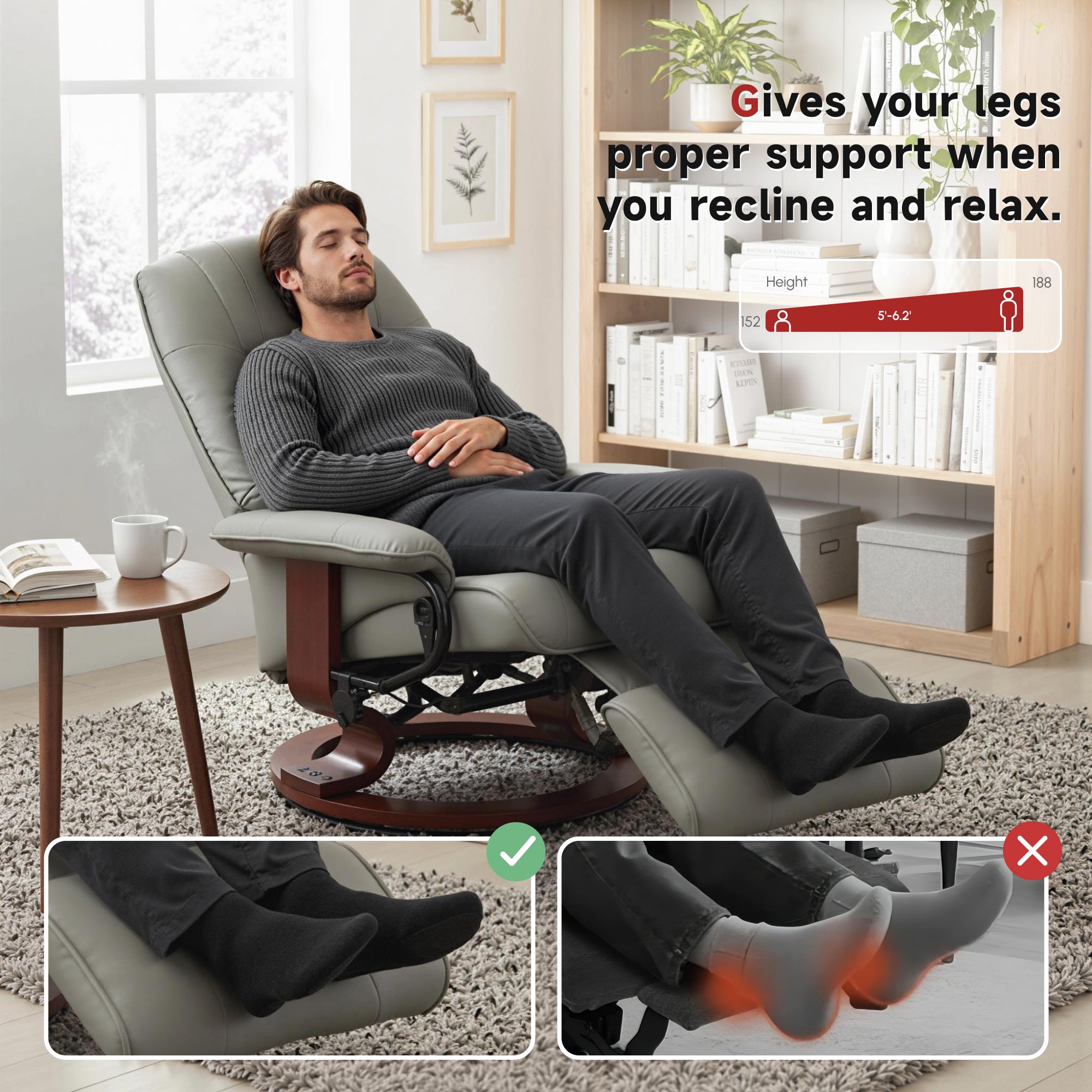 Manual Recliner Chair with Faux Leather Upholstered & Wooden Base for Living Room, Grey - HOMCOM