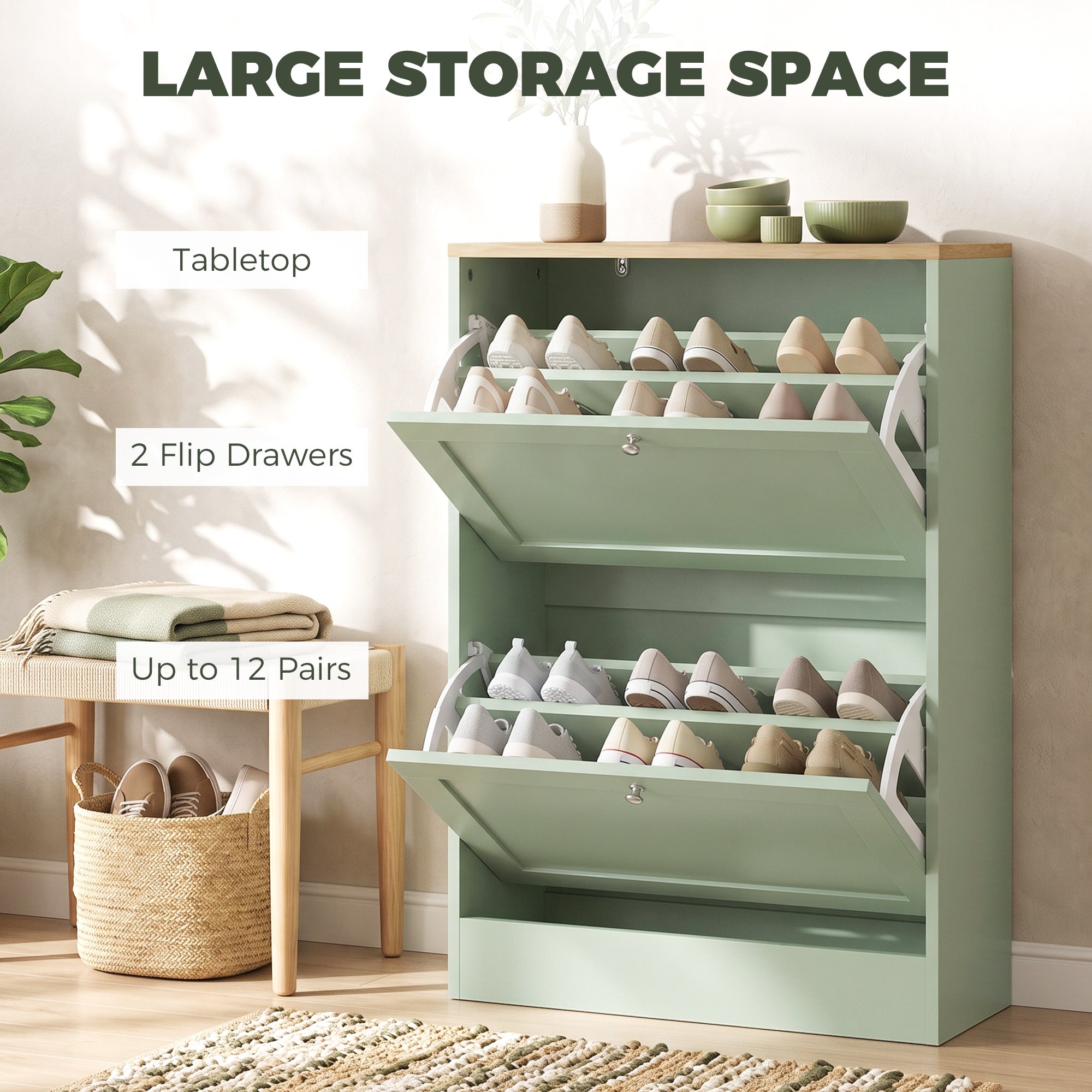 Shoe Storage Cabinet with 2 Flip Drawers, Wooden Freestanding Shoe Organizer with Adjustable Shelves for Entryway, Hallway, Green