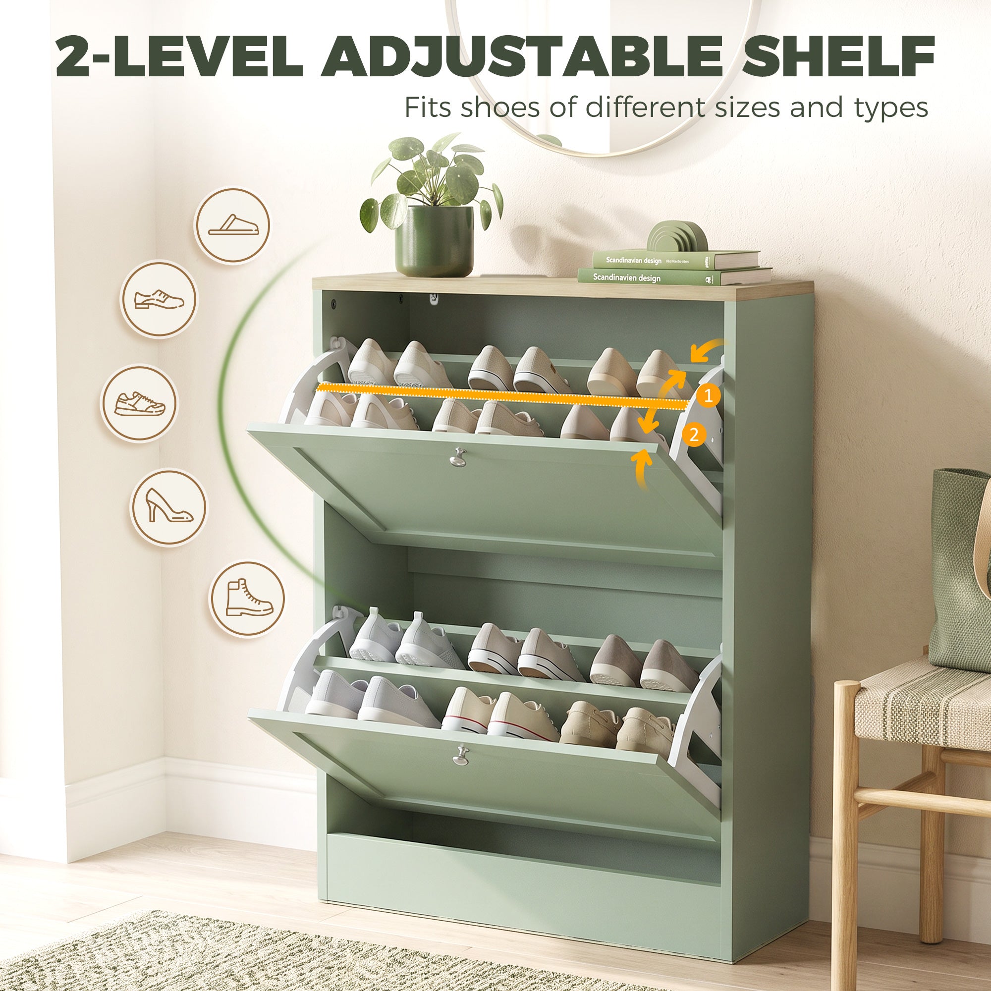 Shoe Storage Cabinet with 2 Flip Drawers, Wooden Freestanding Shoe Organizer with Adjustable Shelves for Entryway, Hallway, Green
