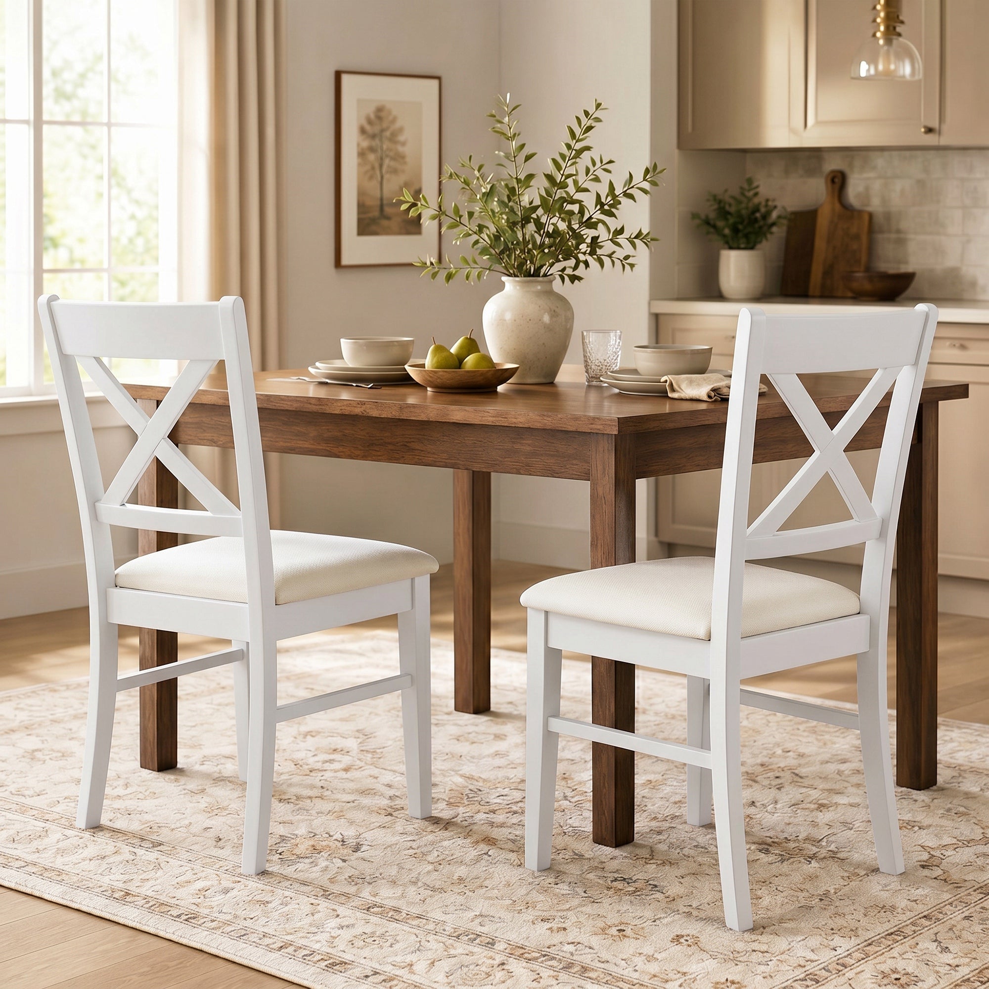 Dining Chairs Set of 2, Upholstered Kitchen Chairs with Rubberwood Frame, Padded Seat and X-Back for Living Room, Dining Room, Kitchen, White