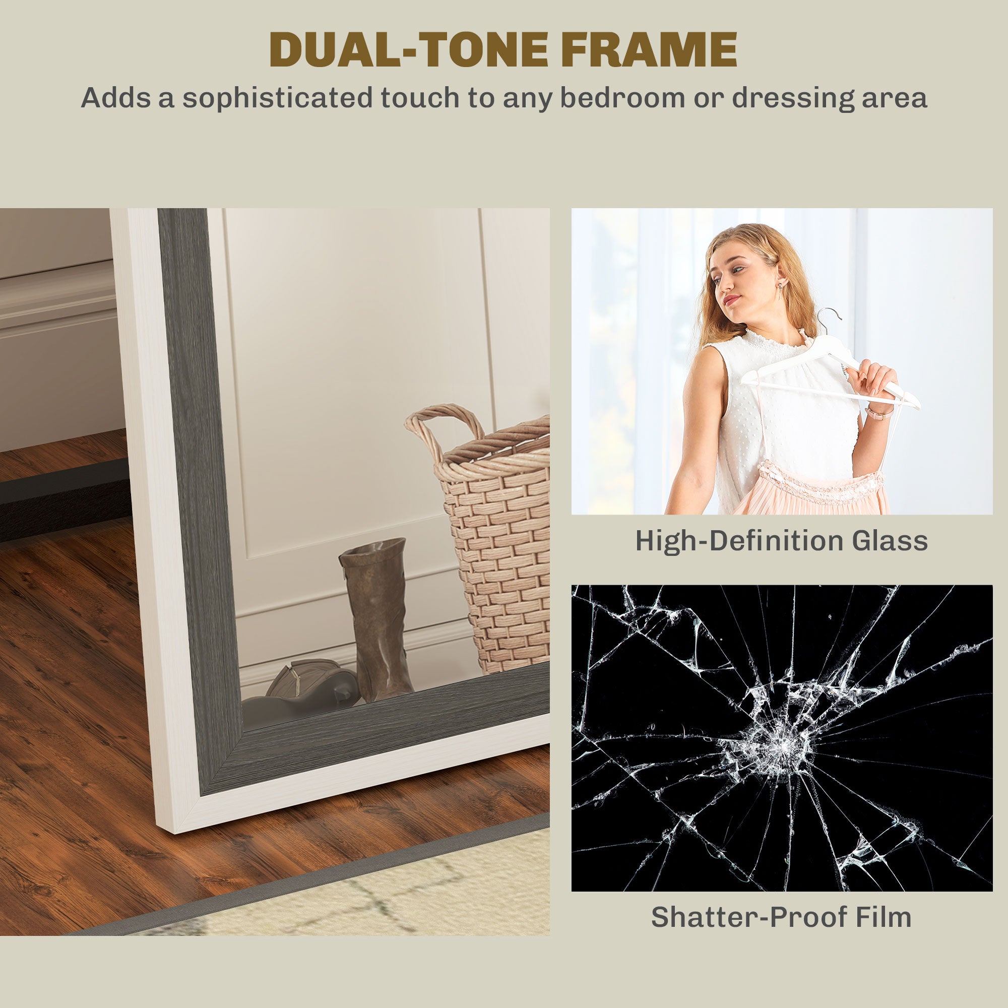 HOMCOM Full Length Mirror, 64" x 21" Full Body Mirror with Frame, Free Standing, Leaning or Wall Mirror for Bedroom, Living Room, Grey Wood Grain
