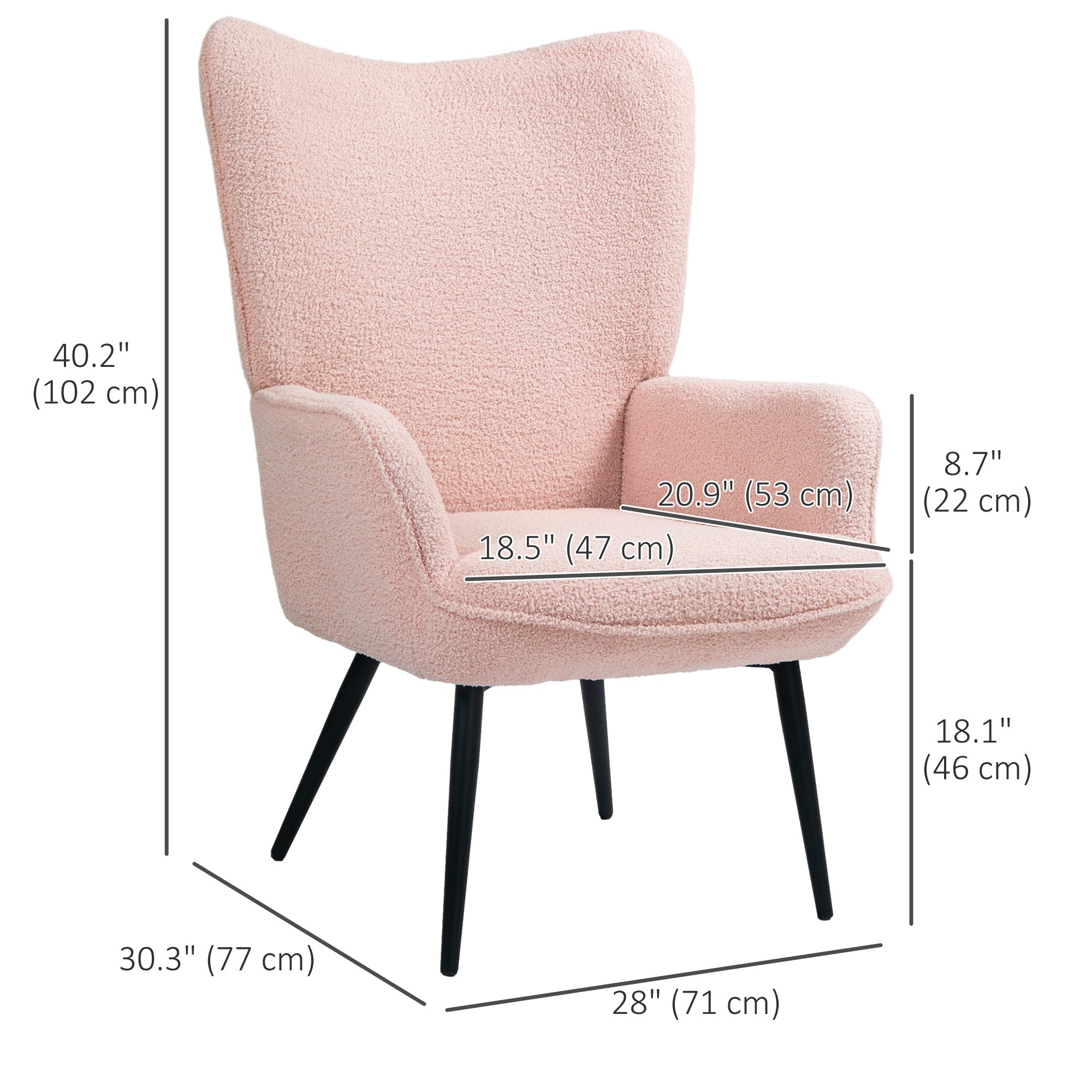 HOMCOM Modern Sherpa Boucle Accent Chair, Upholstered Wingback Armchair, Fluffy Vanity Chair for Living Room, Bedroom, Reading Room, Pink