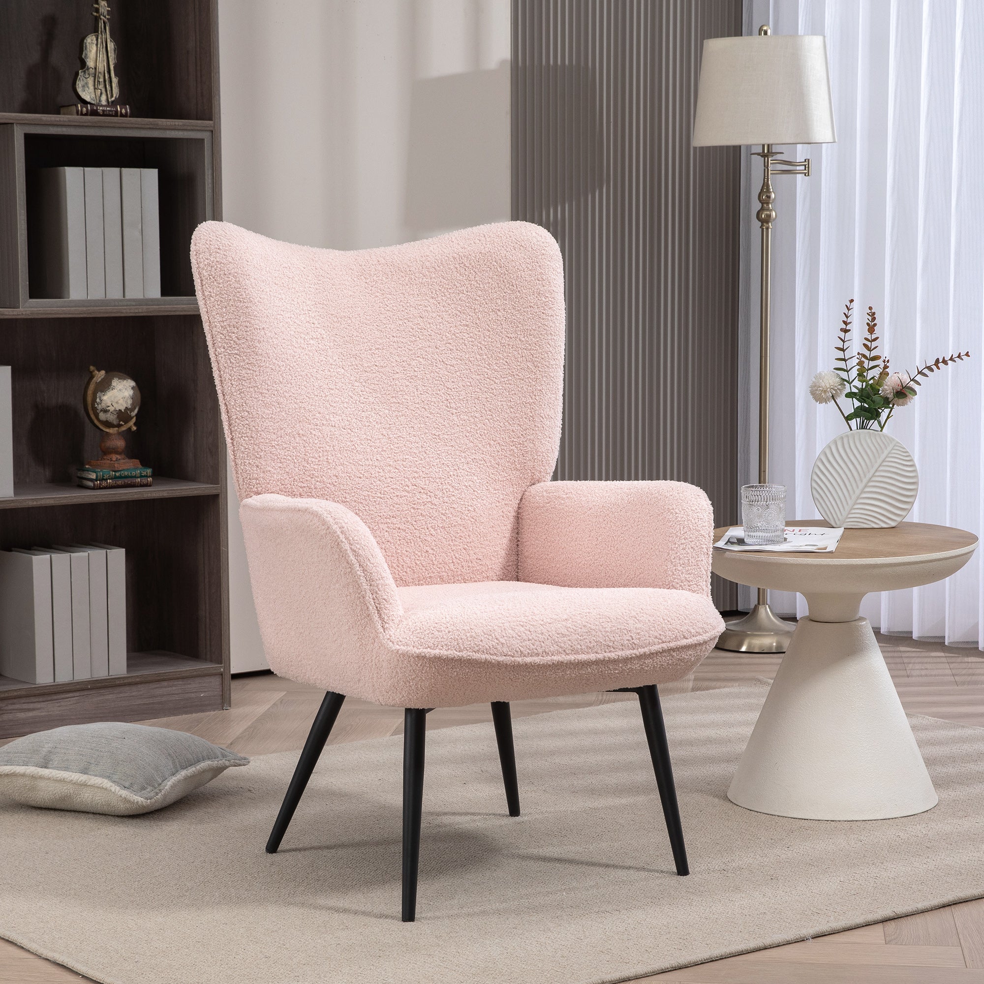 HOMCOM Modern Sherpa Boucle Accent Chair, Upholstered Wingback Armchair, Fluffy Vanity Chair for Living Room, Bedroom, Reading Room, Pink