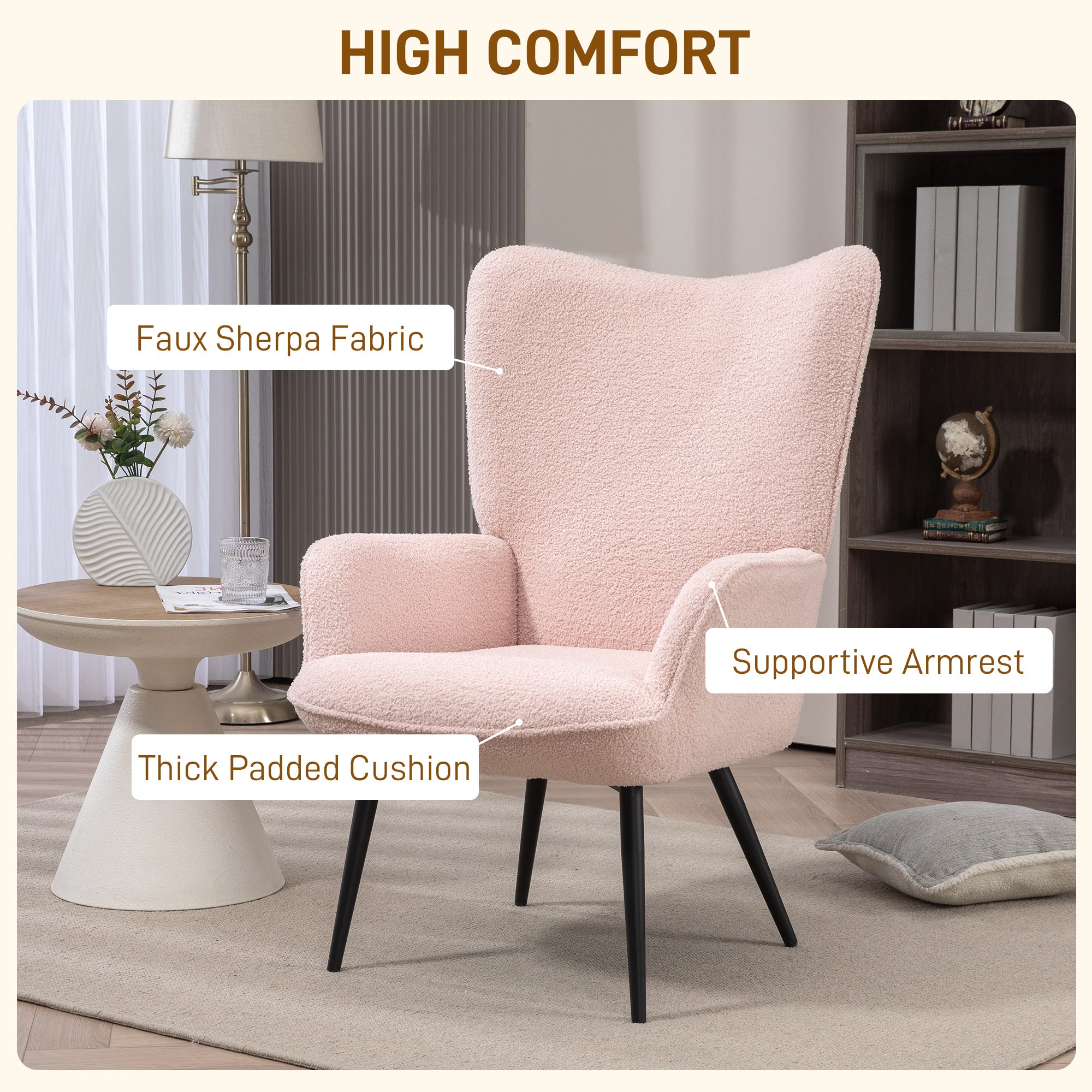 HOMCOM Modern Sherpa Boucle Accent Chair, Upholstered Wingback Armchair, Fluffy Vanity Chair for Living Room, Bedroom, Reading Room, Pink