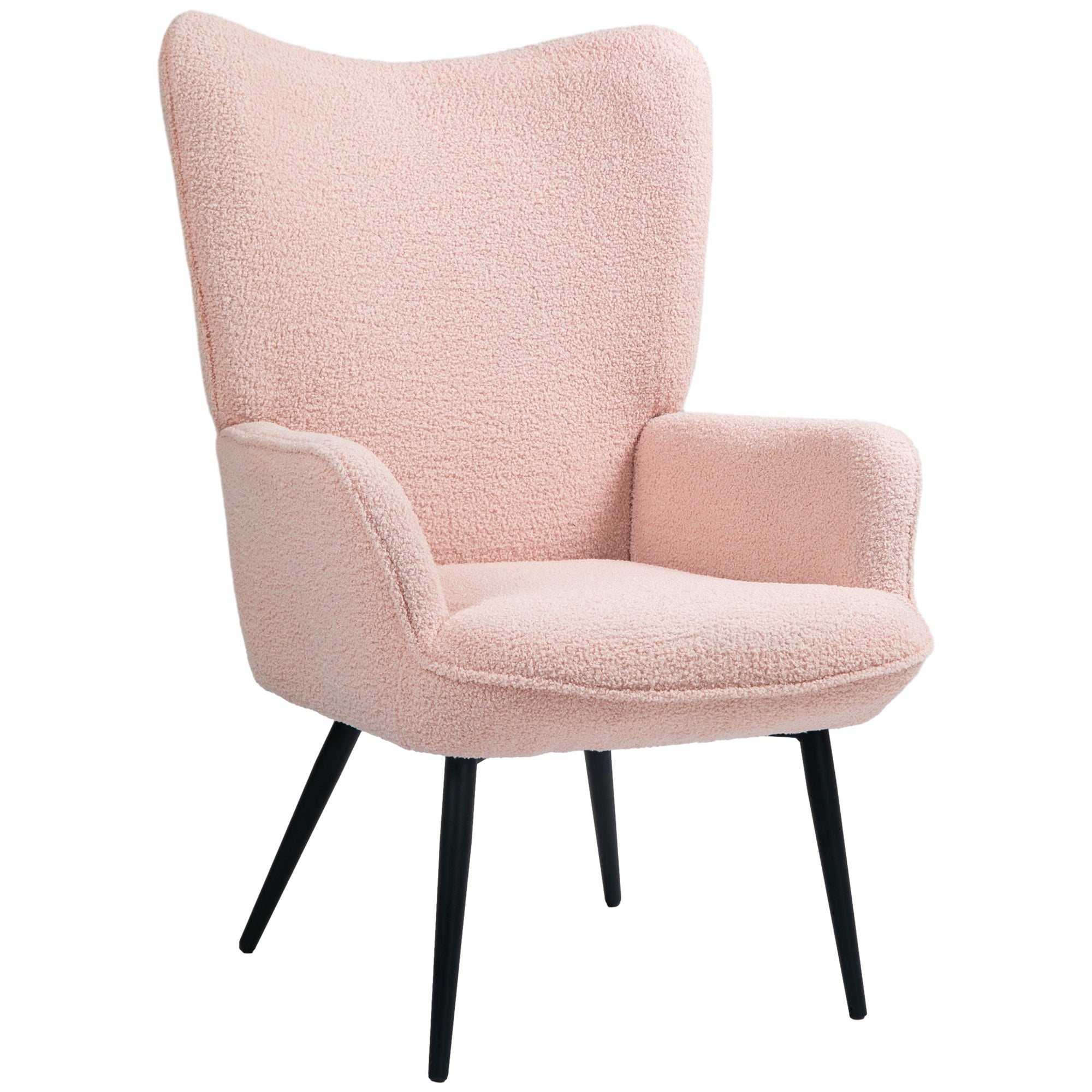 HOMCOM Modern Sherpa Boucle Accent Chair, Upholstered Wingback Armchair, Fluffy Vanity Chair for Living Room, Bedroom, Reading Room, Pink