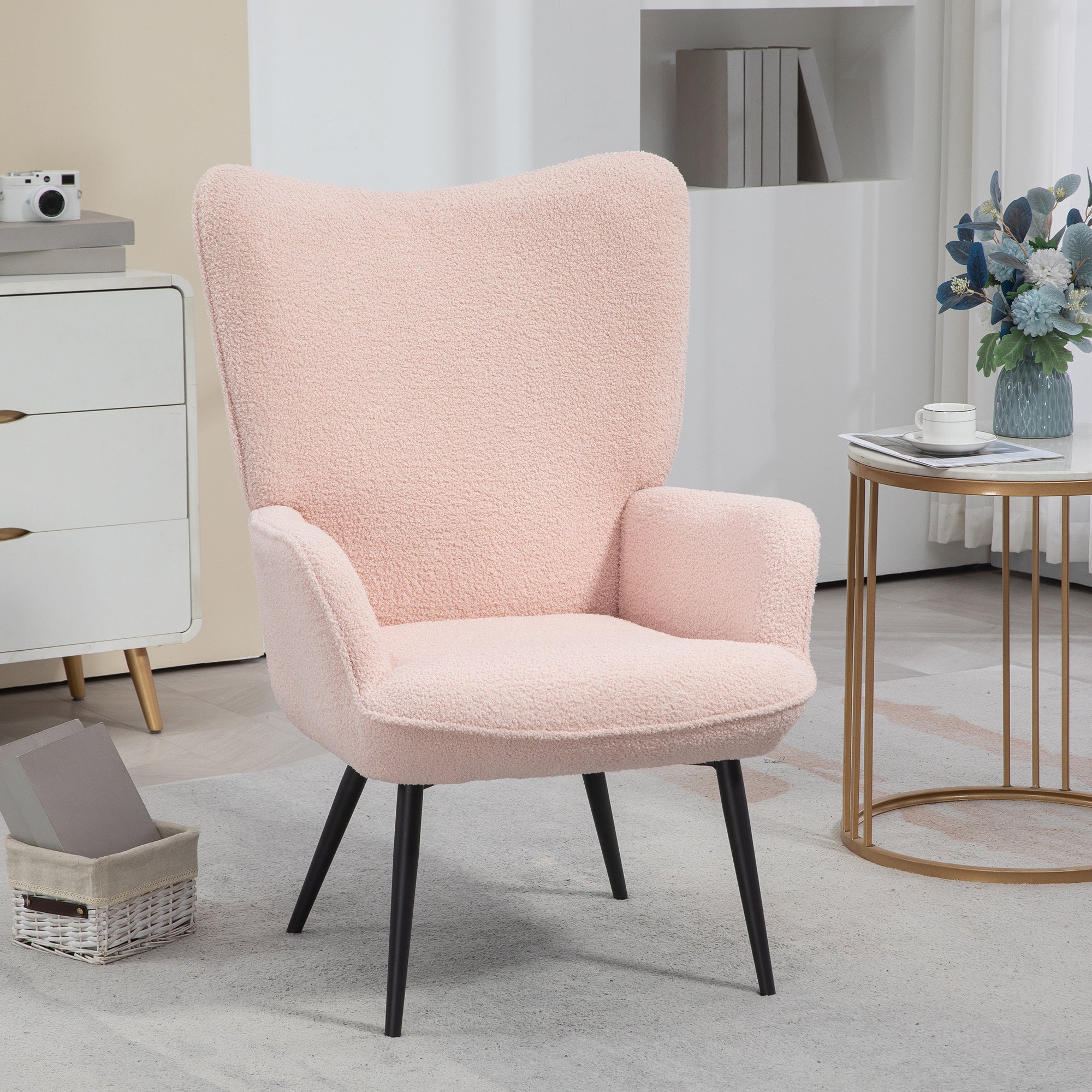 HOMCOM Modern Sherpa Boucle Accent Chair, Upholstered Wingback Armchair, Fluffy Vanity Chair for Living Room, Bedroom, Reading Room, Pink