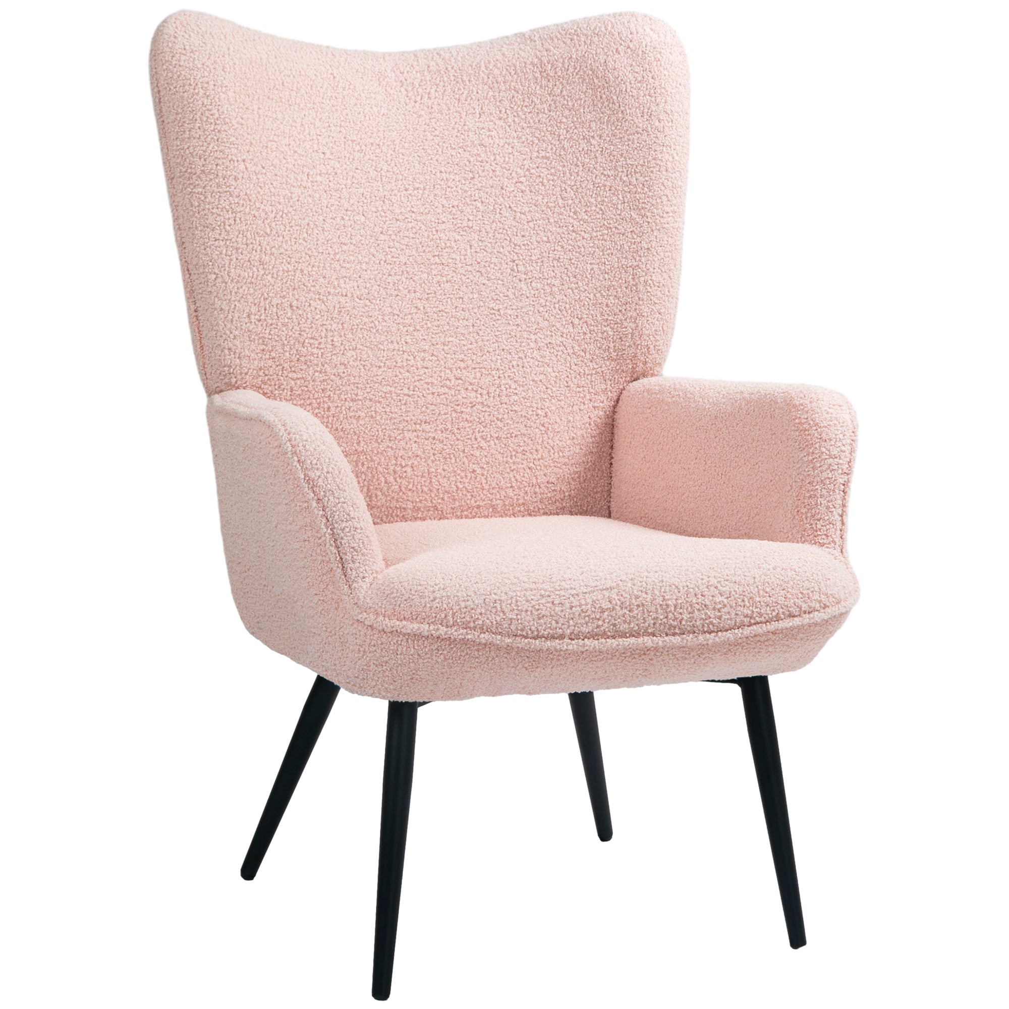 HOMCOM Modern Sherpa Boucle Accent Chair, Upholstered Wingback Armchair, Fluffy Vanity Chair for Living Room, Bedroom, Reading Room, Pink