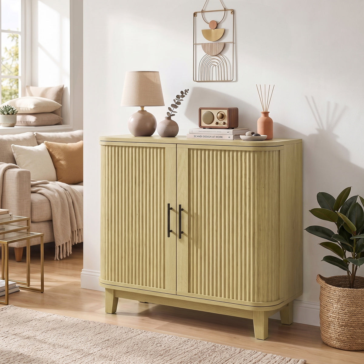 80cm Sideboard Buffet Cabinet, Modern Storage Cabinet with 2 Curved Doors, Adjustable Shelf and Legs for Dining Room, Hallway, Oak