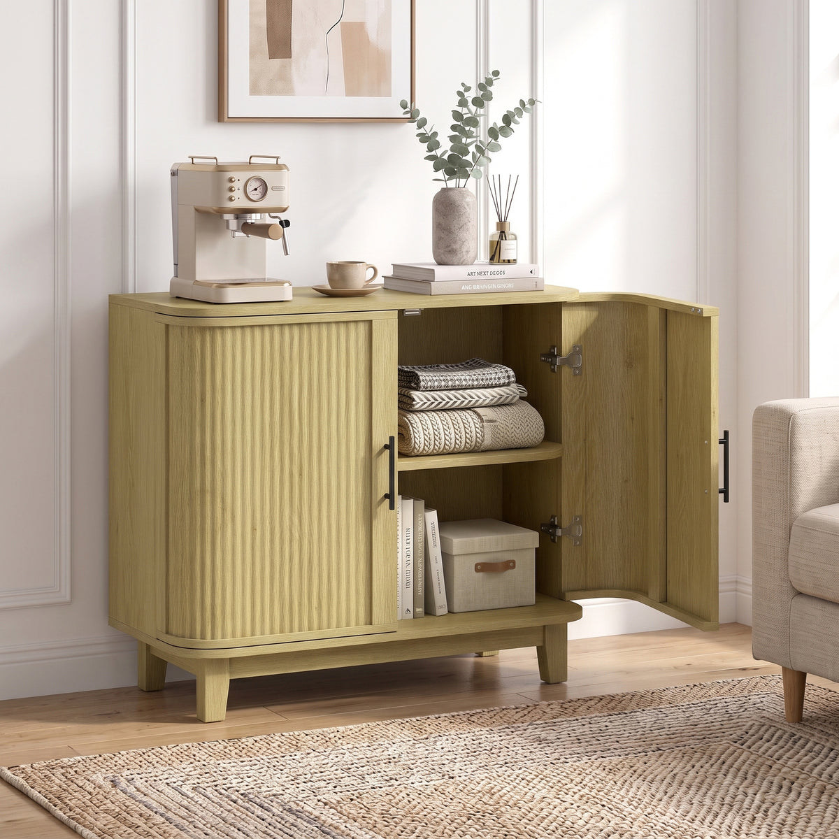 80cm Sideboard Buffet Cabinet, Modern Storage Cabinet with 2 Curved Doors, Adjustable Shelf and Legs for Dining Room, Hallway, Oak