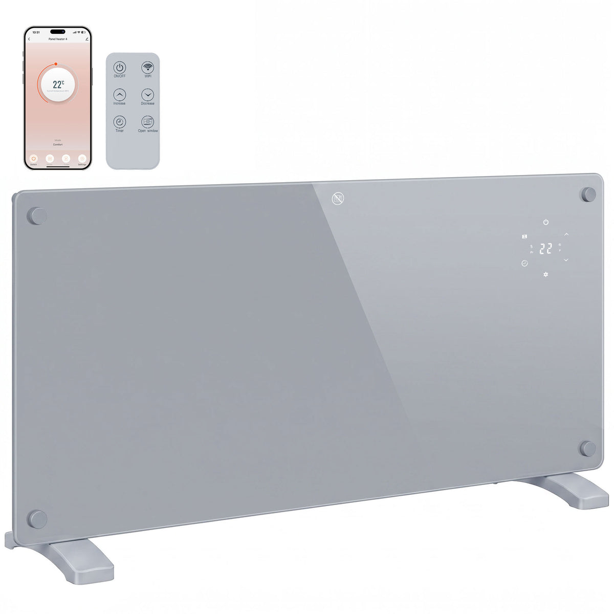 2000W Smart Glass Panel Heater Wall Mounted & Freestanding, Wifi Enabled, Works With Alexa & Google Home, Electric Heater with Weekly Timer, Open Window & Anti-Frost Mode, Thermostat, Grey