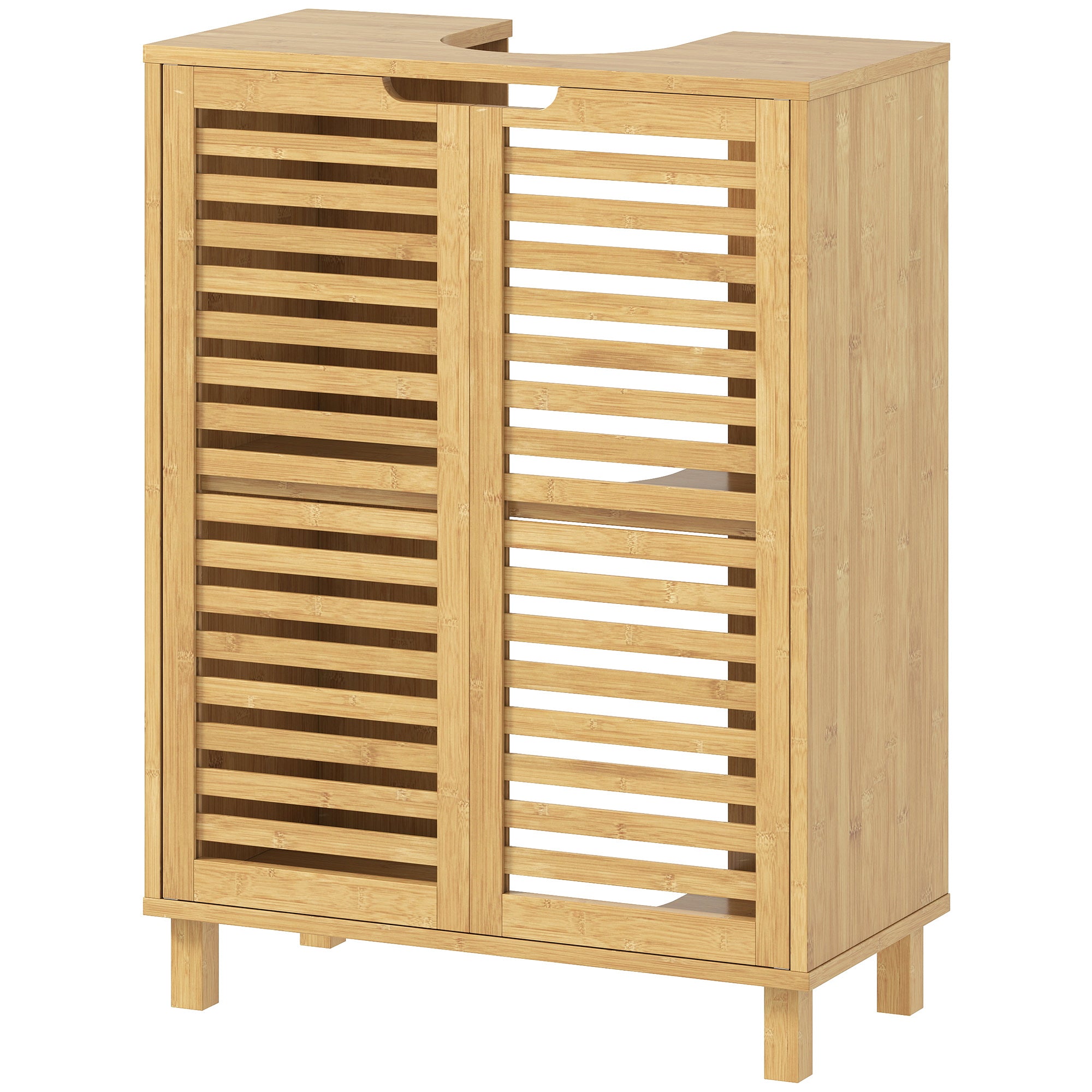 Under Sink Bathroom Cabinet, Freestanding Bamboo Under Sink Cabinet with Louvered Doors and Adjustable Shelf for Basin without or with Pedestal, Natural