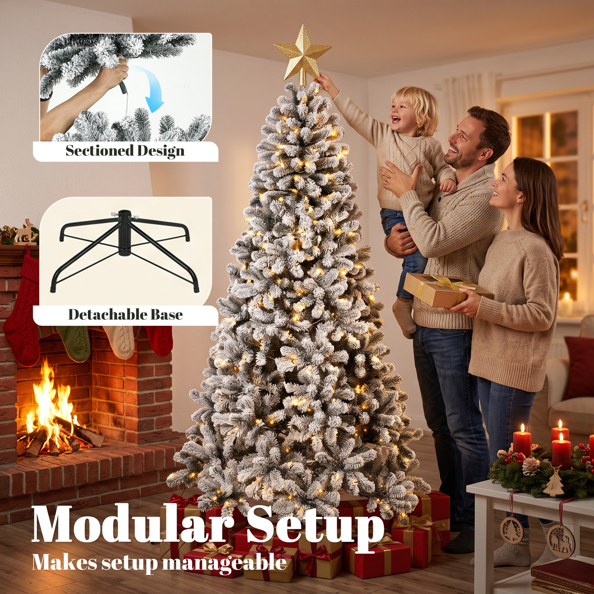7.5ft Flocked Prelit Christmas Tree, Northern Pine, Artificial Xmas Tree with 1201 Curved Tips, 350 LEDs, Foldable Steel Base, Green White