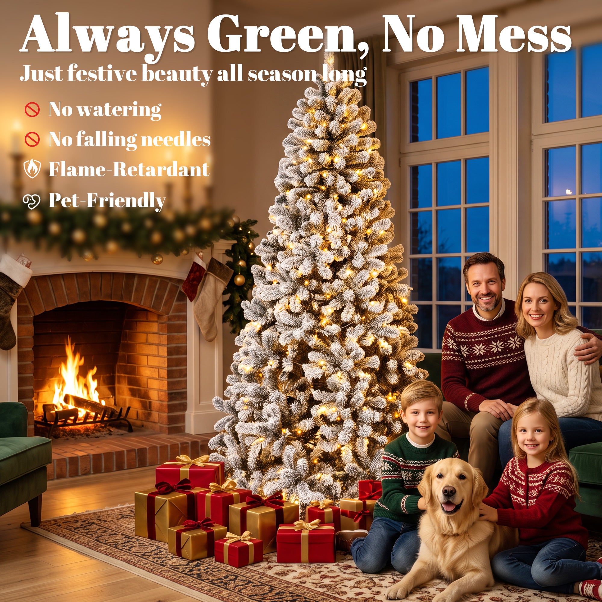 7.5ft Flocked Prelit Christmas Tree, Northern Pine, Artificial Xmas Tree with 1201 Curved Tips, 350 LEDs, Foldable Steel Base, Green White