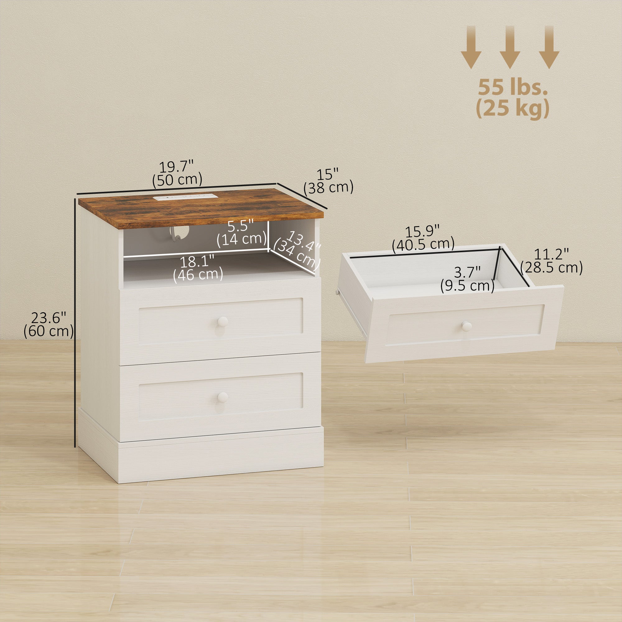 Modern Nightstands Set of 2, Bedside Table with Charging Station, 2 Drawers and Open Shelf, Side End Table for Bedroom, White and Oak