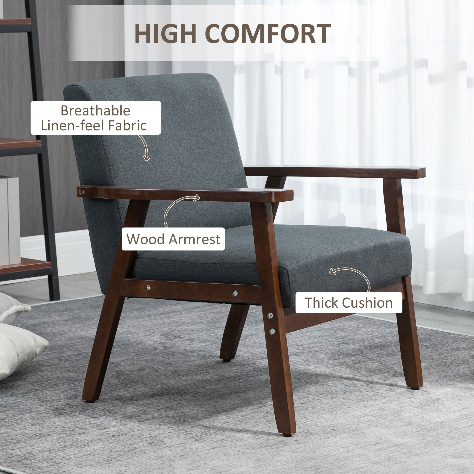 HOMCOM Modern Accent Chairs with Cushioned Seat, Upholstered Linen-Feel Armchair for Bedroom, Living Room Chair with Arms and Wood Legs, Dark Gray