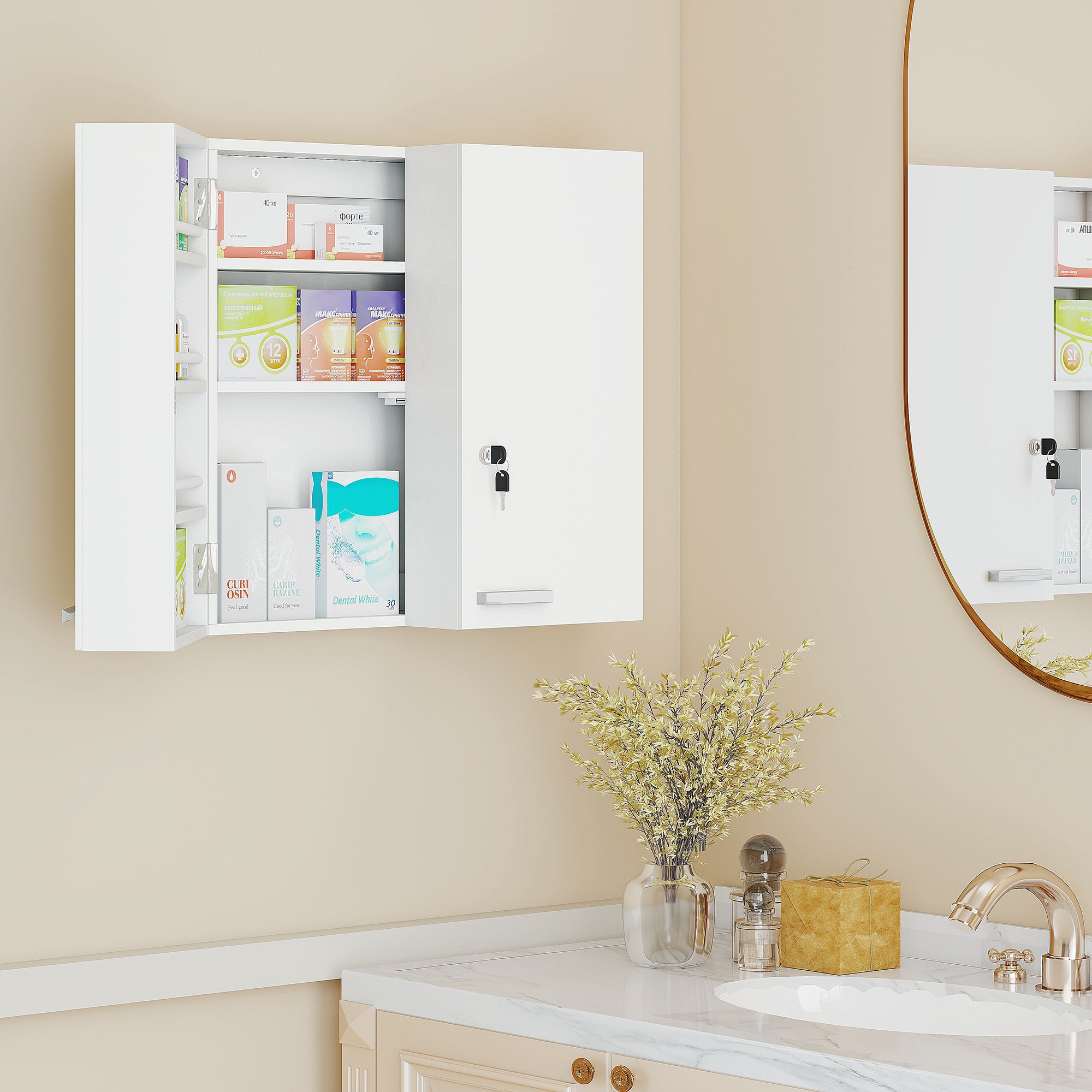 Wall Mount Medicine Cabinet with Key Lock, 3 Tier First Aid Cabinet with 2 Doors and 11 Storage Compartments, Medical Organiser for Bathroom, Home Office, 53 x 20 x 53 cm, White