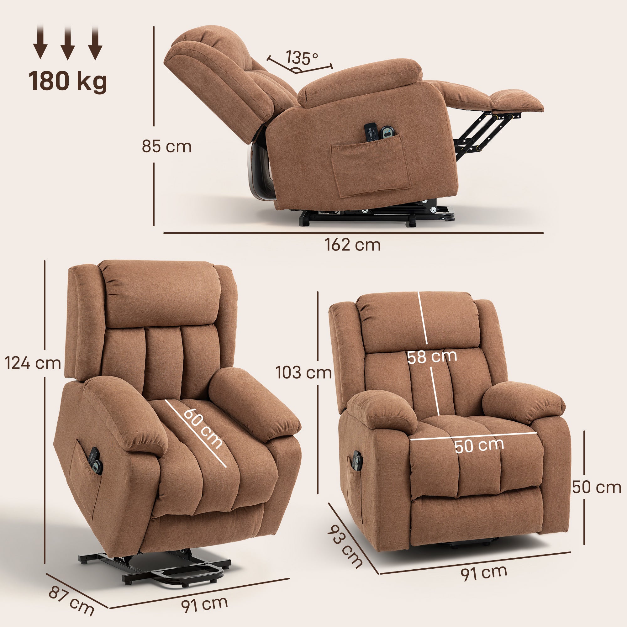 Power Lift Recliner Chair with Massage, Linen Overstuffed Lift Chair for Elderly, Electric Recliner Armchair with Footrest, Remote Control and Side Pocket, for Living Room, Brown