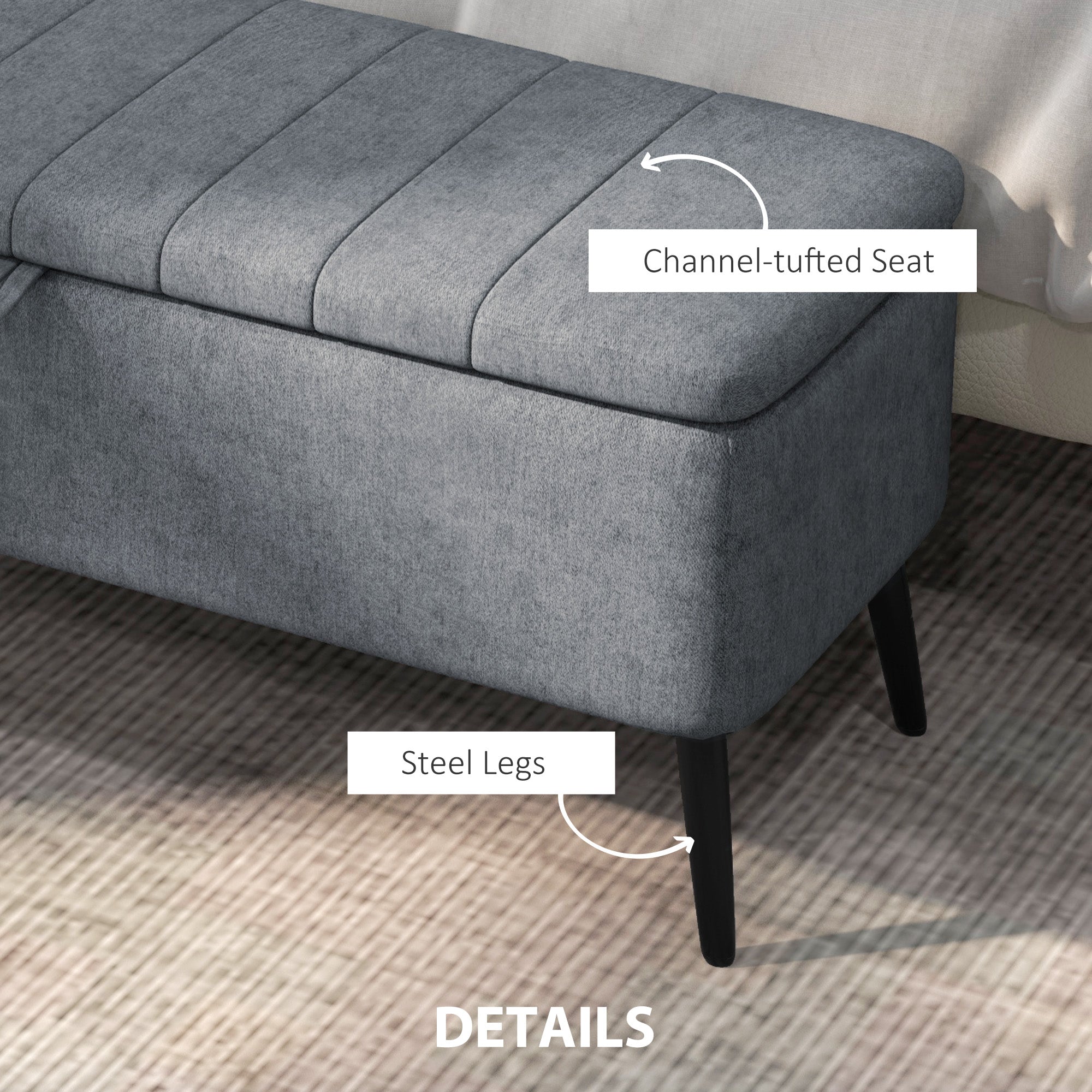 HOMCOM Storage Ottoman with Flip Top, Rectangular Upholstered Bench, Linen Fabric Footstool with Steel Legs for Living Room, Bedroom, Dark Grey