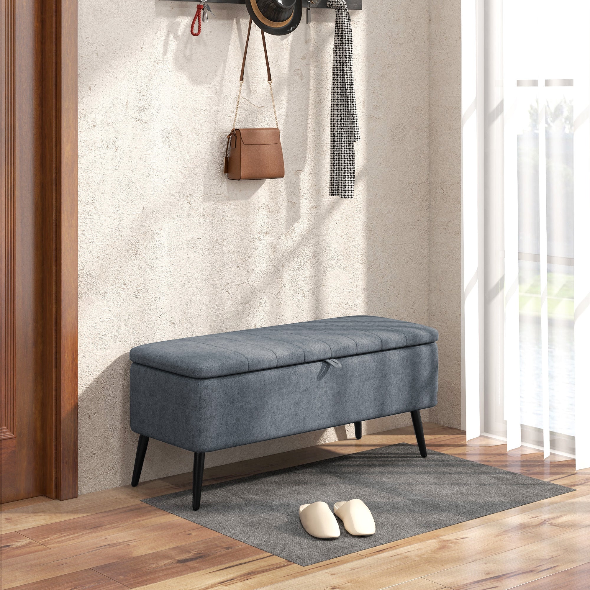 HOMCOM Storage Ottoman with Flip Top, Rectangular Upholstered Bench, Linen Fabric Footstool with Steel Legs for Living Room, Bedroom, Dark Grey