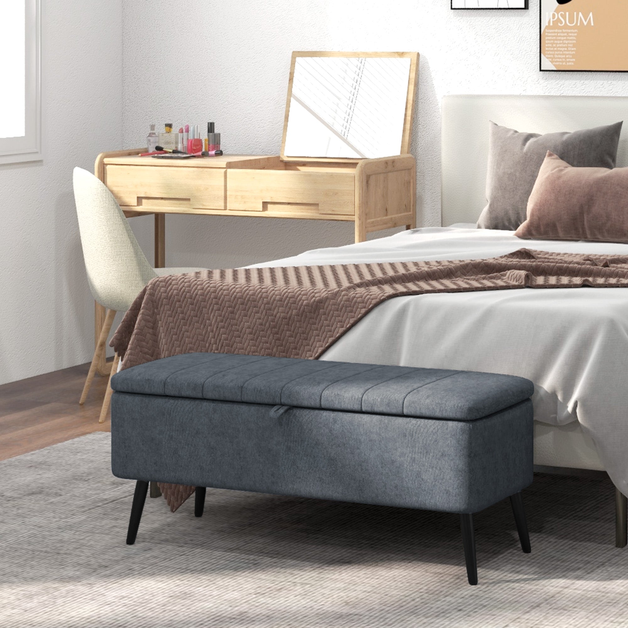 HOMCOM Storage Ottoman with Flip Top, Rectangular Upholstered Bench, Linen Fabric Footstool with Steel Legs for Living Room, Bedroom, Dark Grey