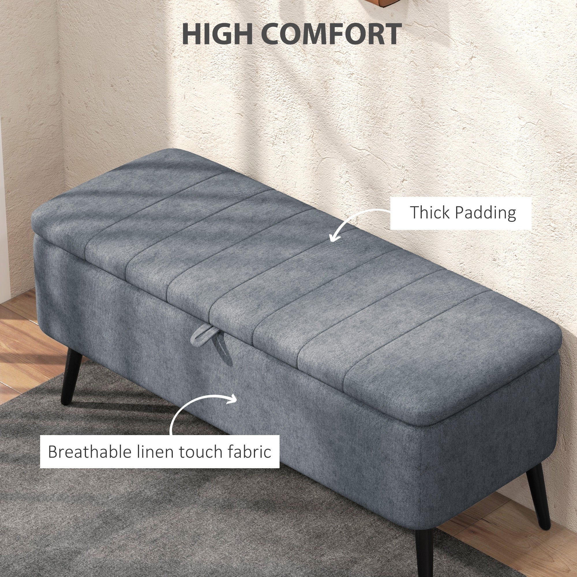 HOMCOM Storage Ottoman with Flip Top, Rectangular Upholstered Bench, Linen Fabric Footstool with Steel Legs for Living Room, Bedroom, Dark Grey