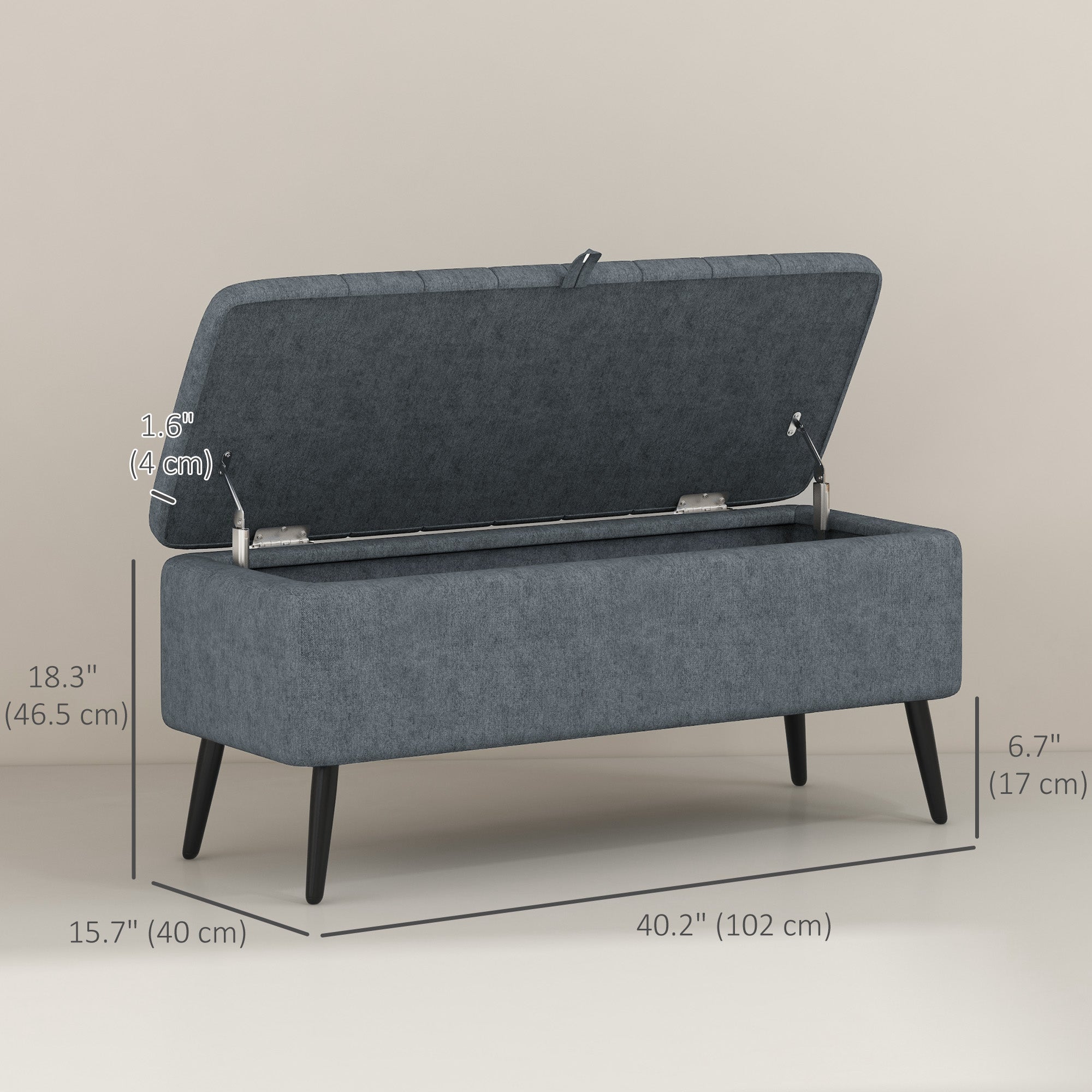 HOMCOM Storage Ottoman with Flip Top, Rectangular Upholstered Bench, Linen Fabric Footstool with Steel Legs for Living Room, Bedroom, Dark Grey