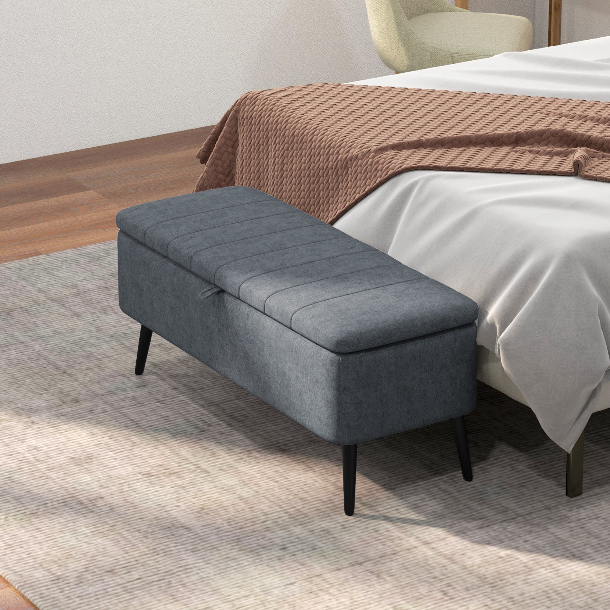 HOMCOM Storage Ottoman with Flip Top, Rectangular Upholstered Bench, Linen Fabric Footstool with Steel Legs for Living Room, Bedroom, Dark Grey