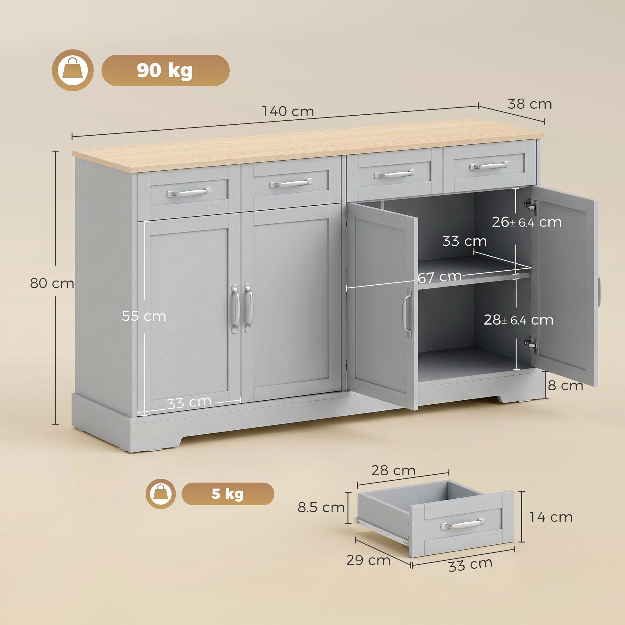 Sideboard Buffet Cabinet, 140 cm Modern Farmhouse Kitchen Storage Cabinet with 4 Drawers, 4 Doors and 2 Adjustable Shelves, Coffee Bar Station, Grey